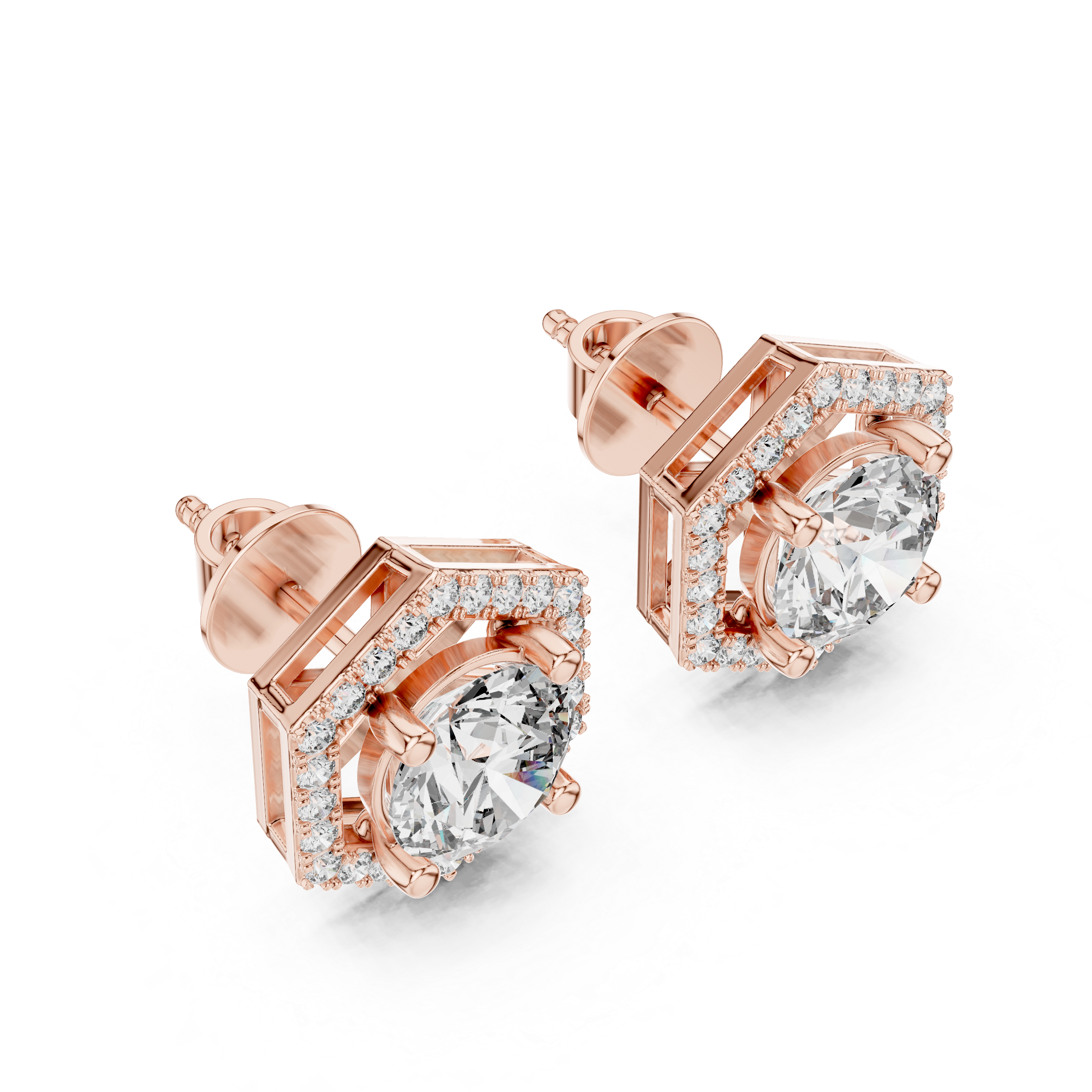 Round Cut Diamond Studs with Hexagonal Pave Halo Setting