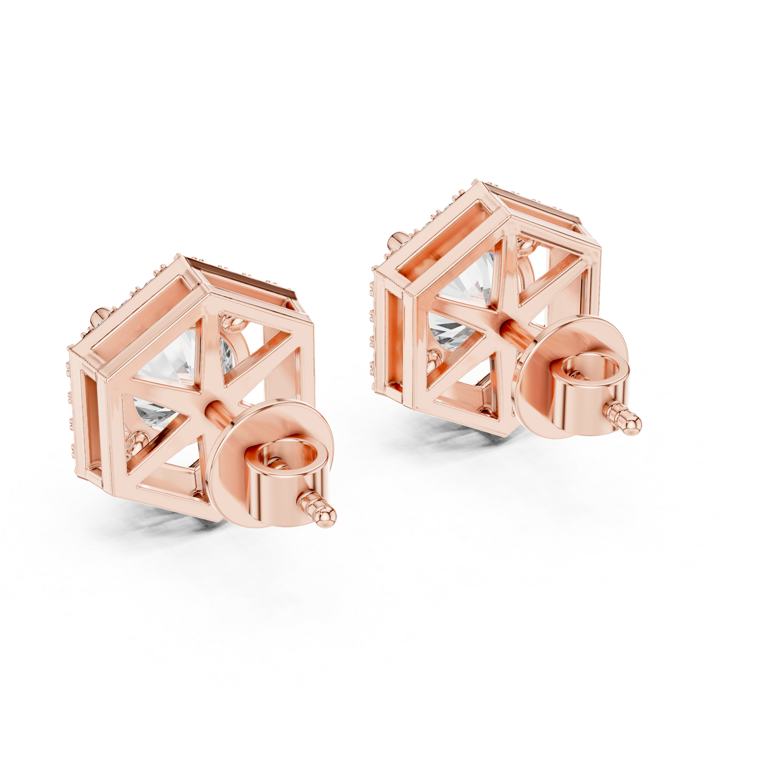 Round Cut Diamond Studs with Hexagonal Pave Halo Setting