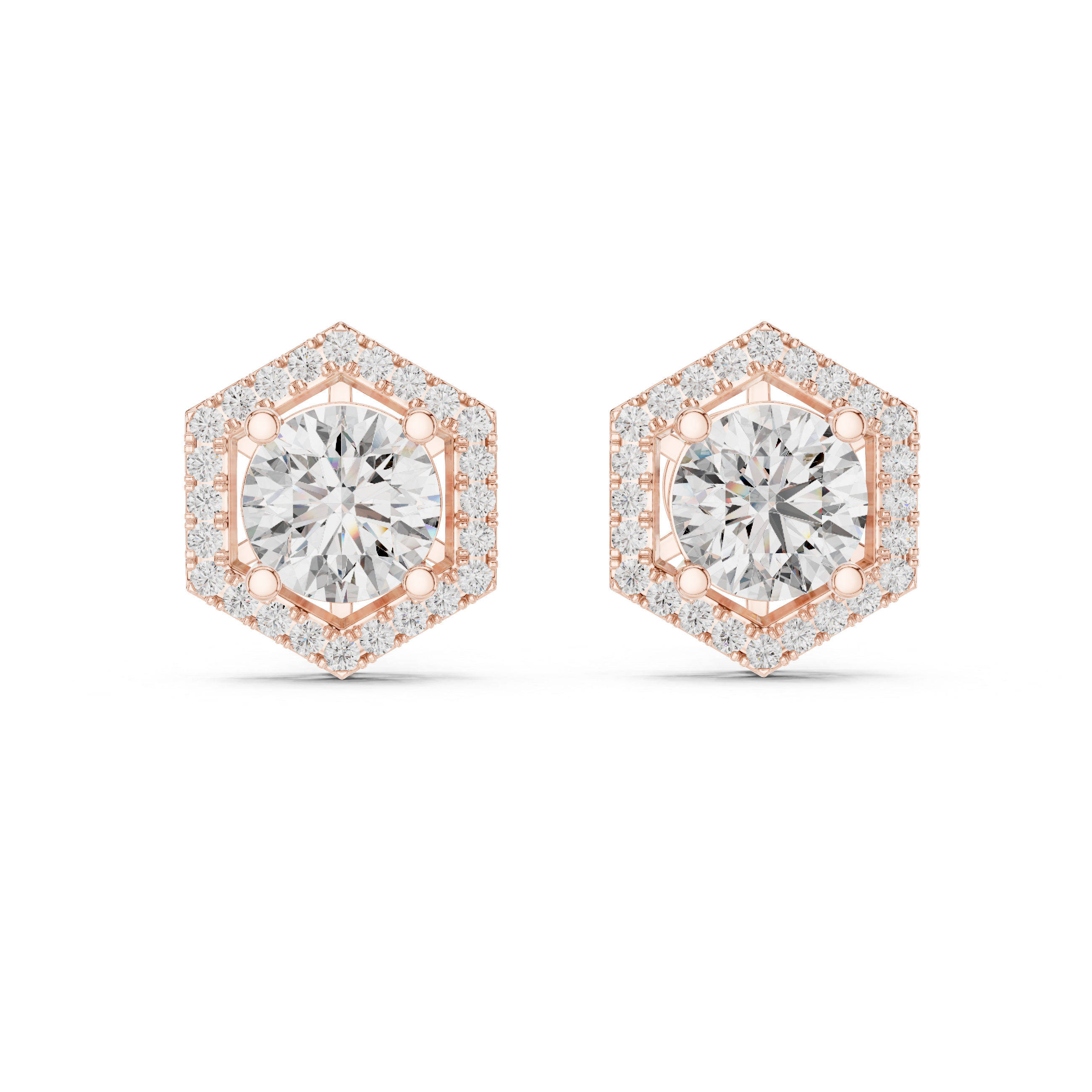 Round Cut Diamond Studs with Hexagonal Pave Halo Setting