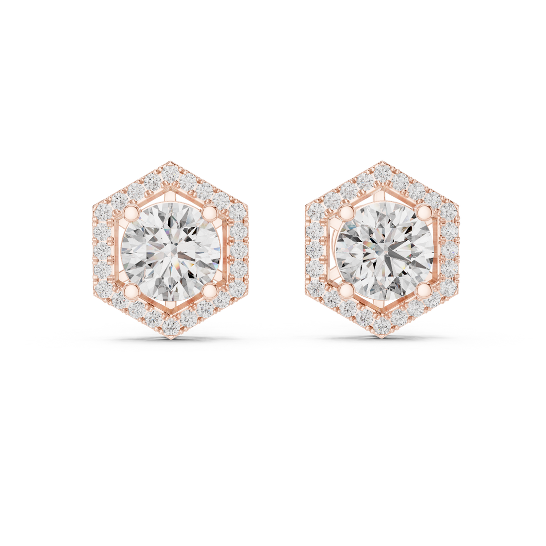 Round Cut Diamond Studs with Hexagonal Pave Halo Setting