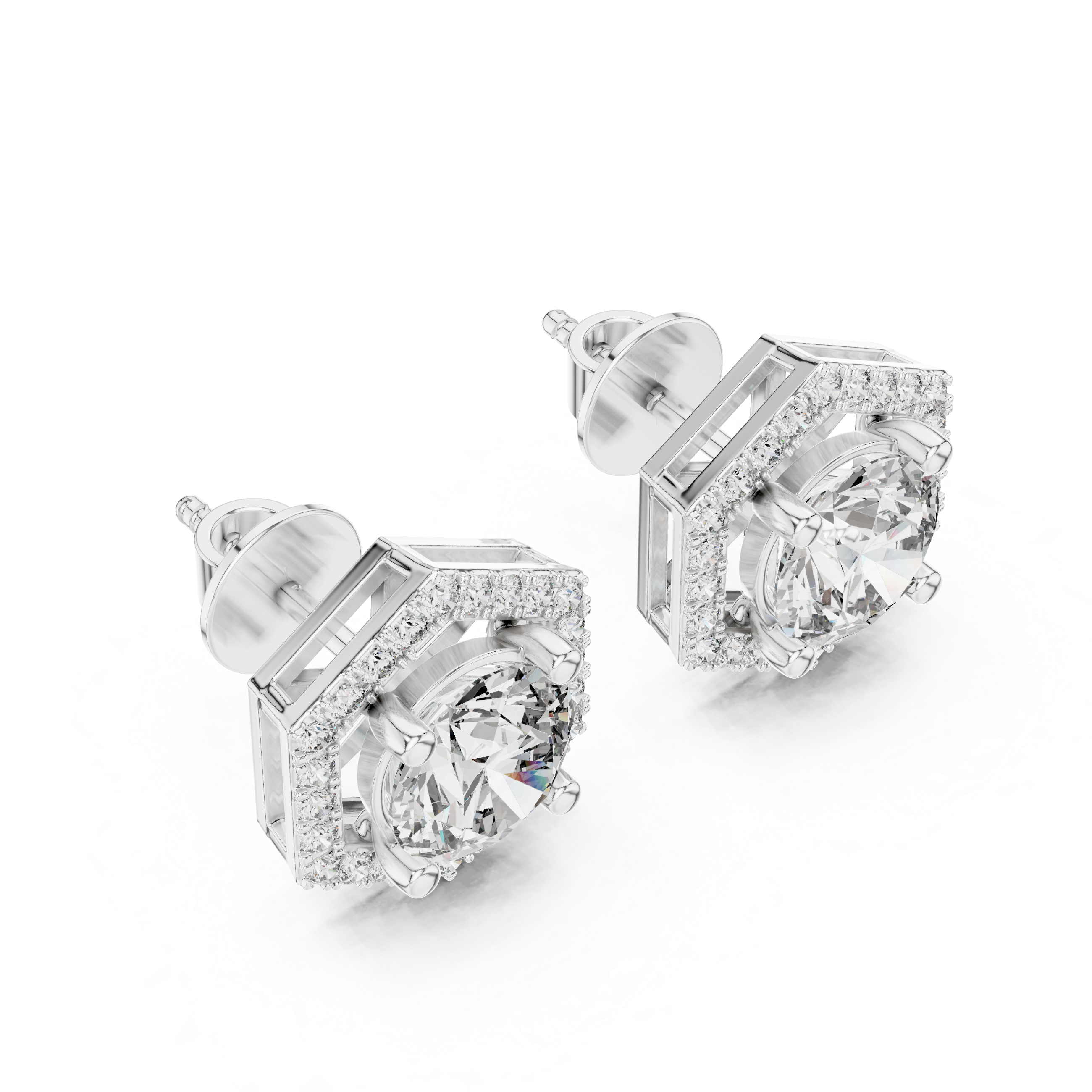 Round Cut Diamond Studs with Hexagonal Pave Halo Setting