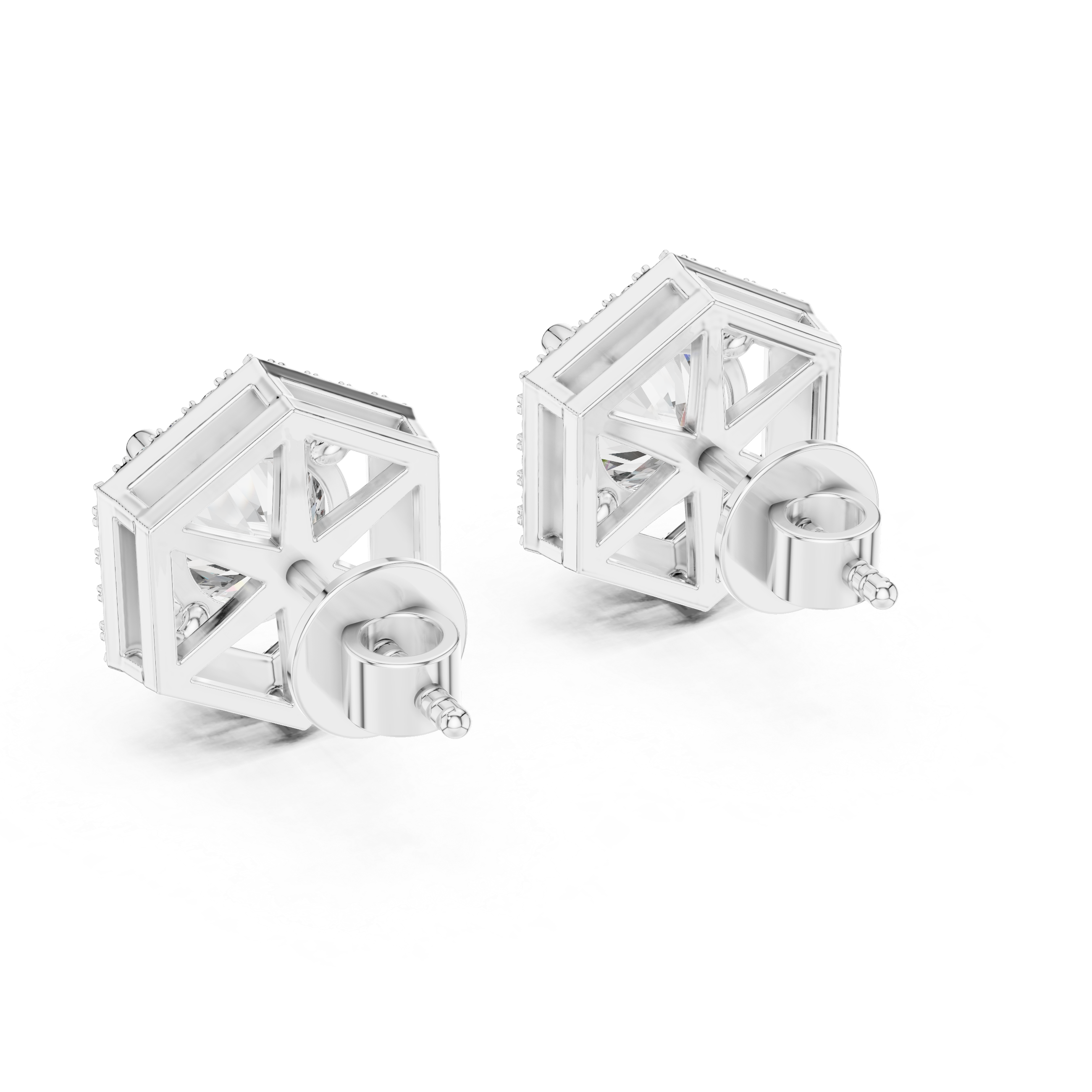 Round Cut Diamond Studs with Hexagonal Pave Halo Setting