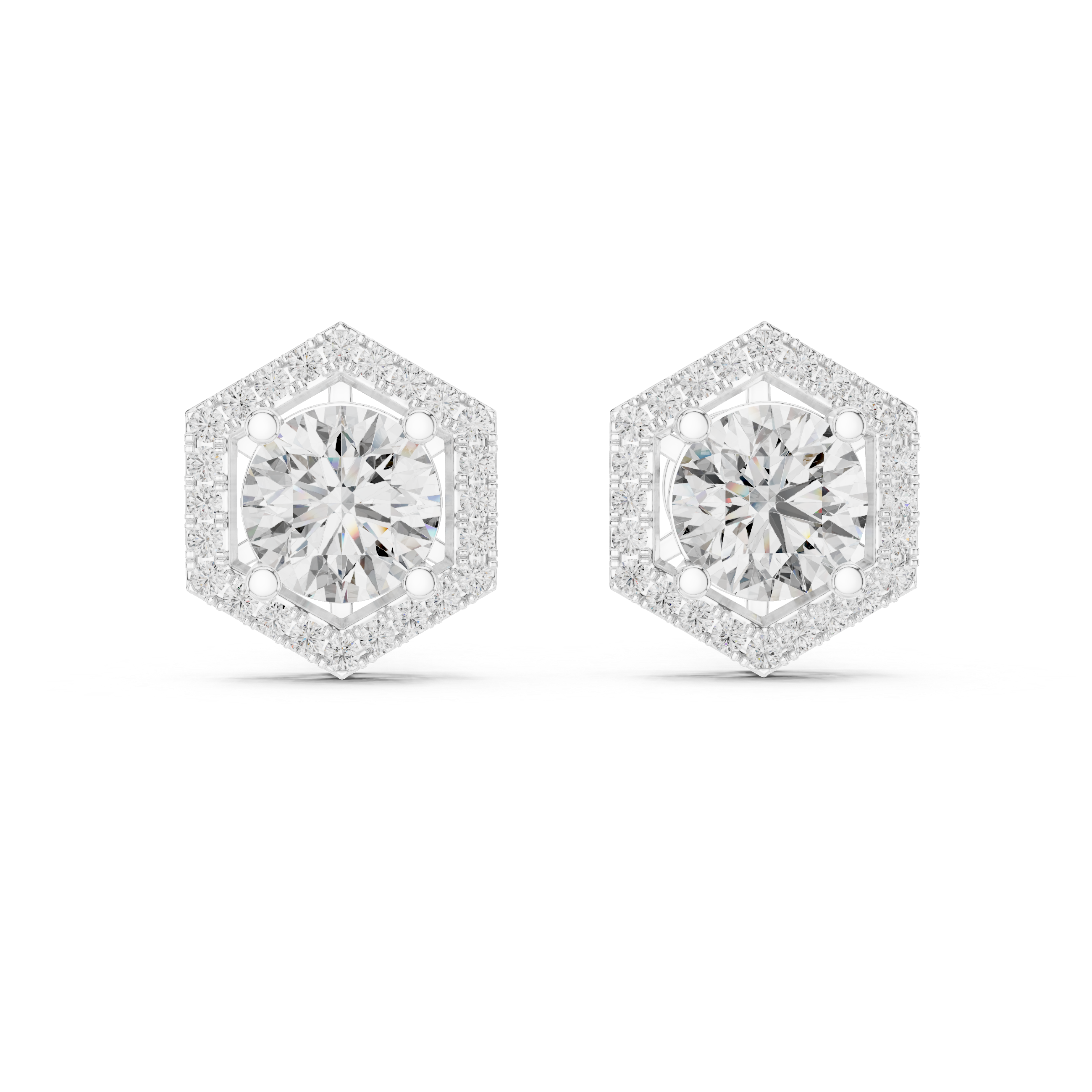 Round Cut Diamond Studs with Hexagonal Pave Halo Setting