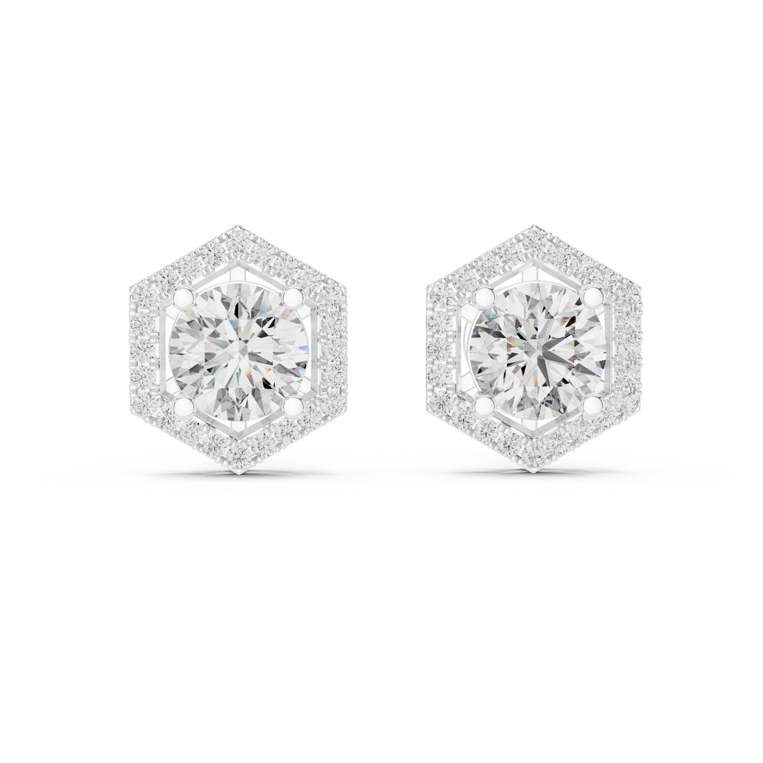 Round Cut Diamond Studs with Hexagonal Pave Halo Setting
