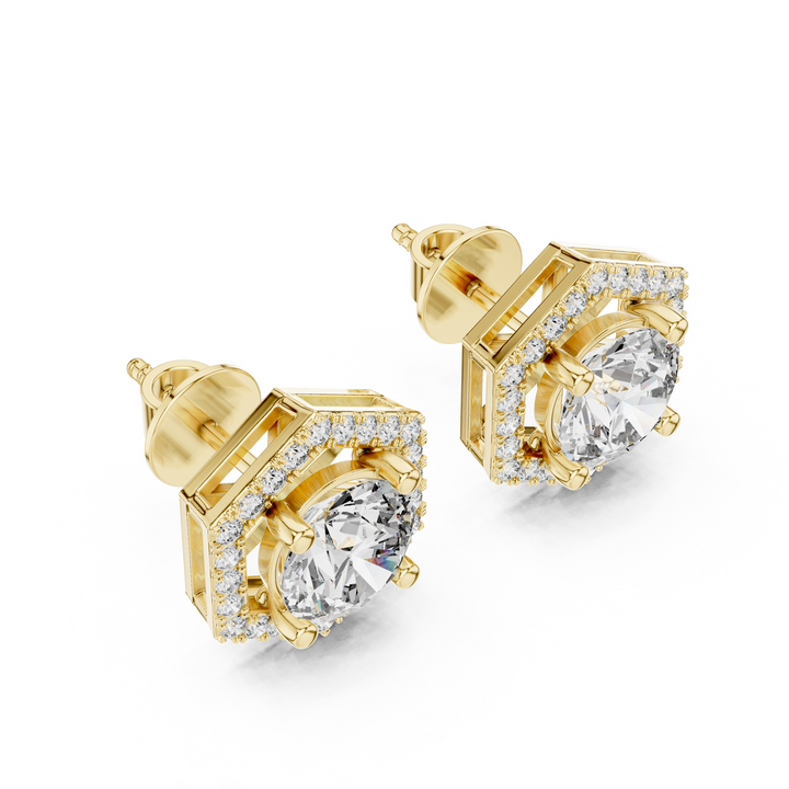 Round Cut Diamond Studs with Hexagonal Pave Halo Setting