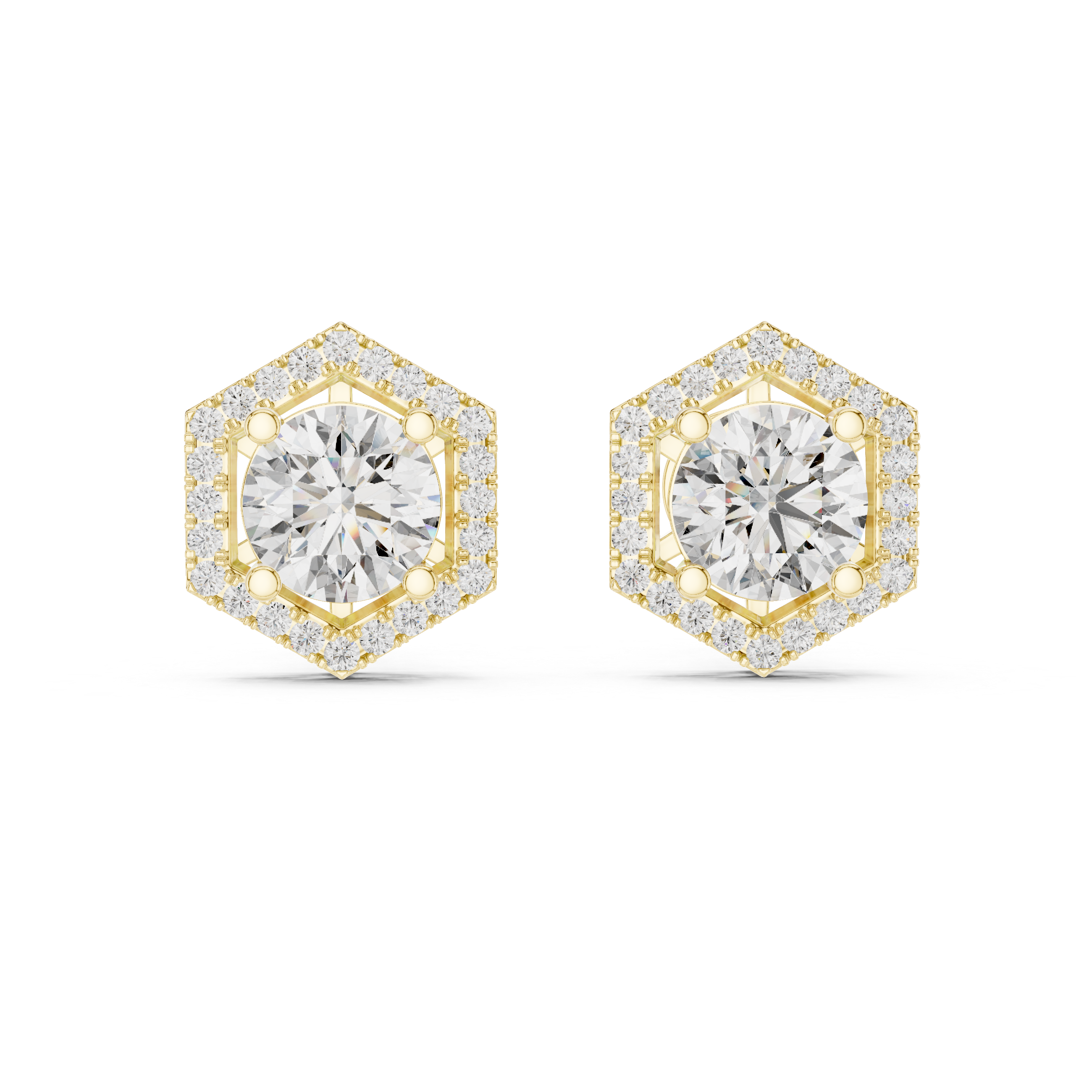 Round Cut Diamond Studs with Hexagonal Pave Halo Setting
