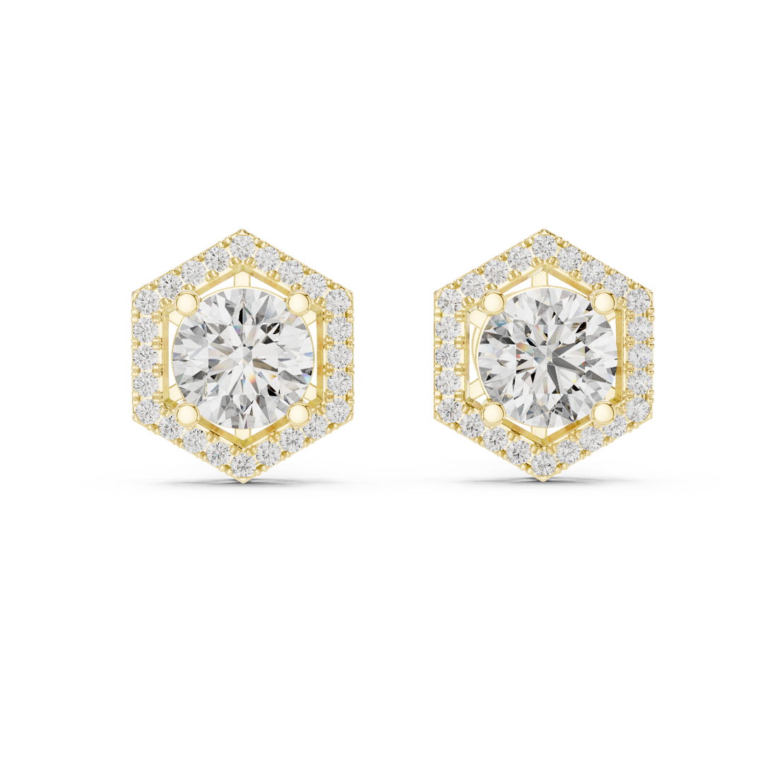 Round Cut Diamond Studs with Hexagonal Pave Halo Setting