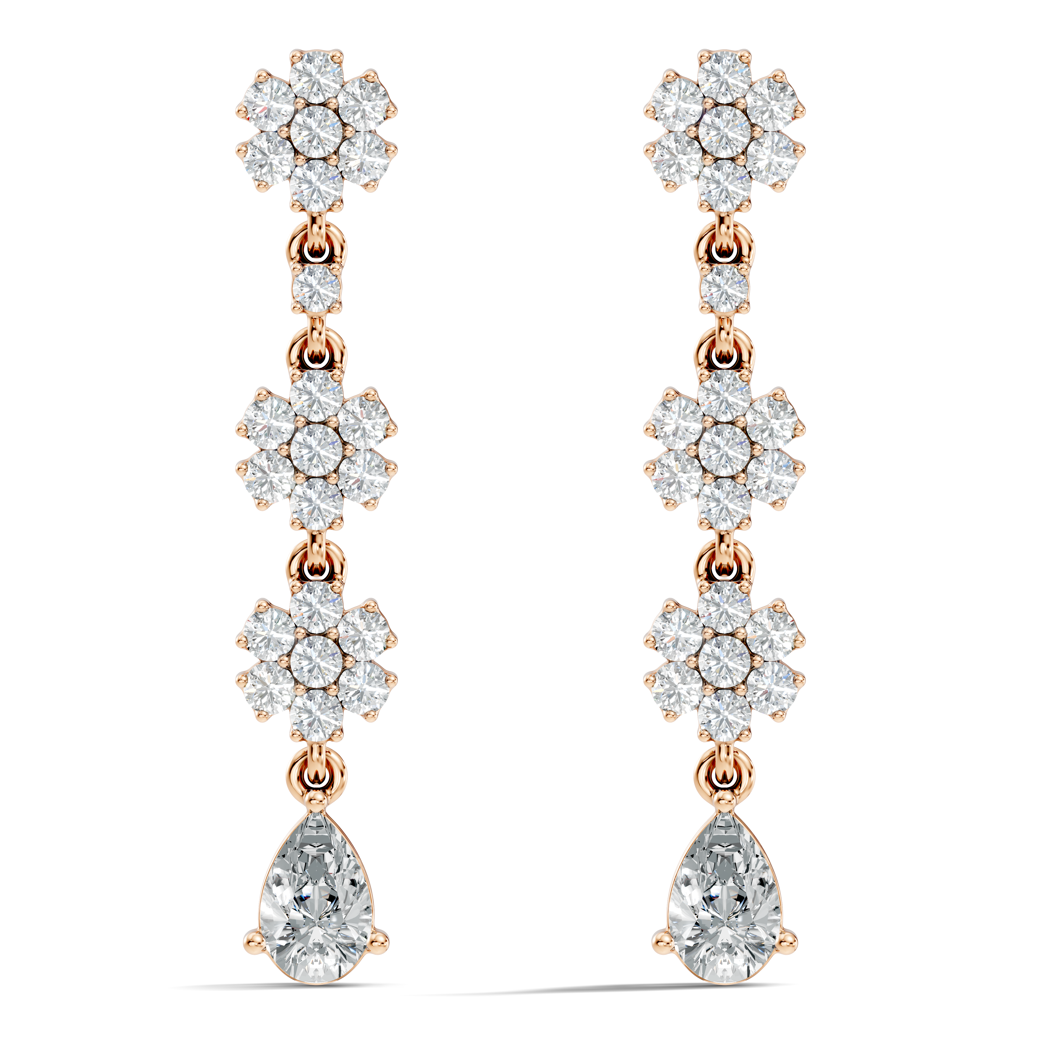 Triple Floral Cluster & Pear Diamond Drop Earrings