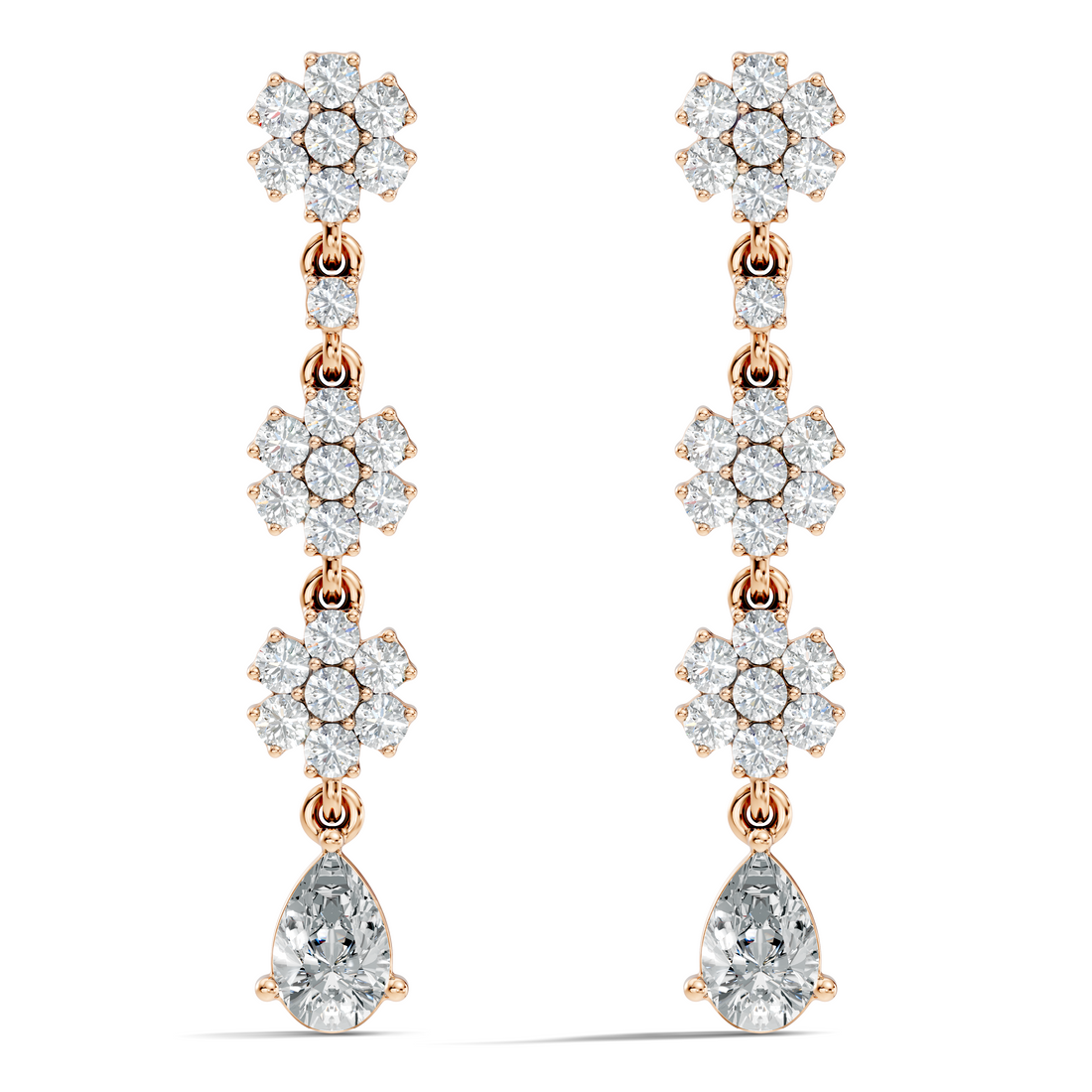 Triple Floral Cluster & Pear Diamond Drop Earrings