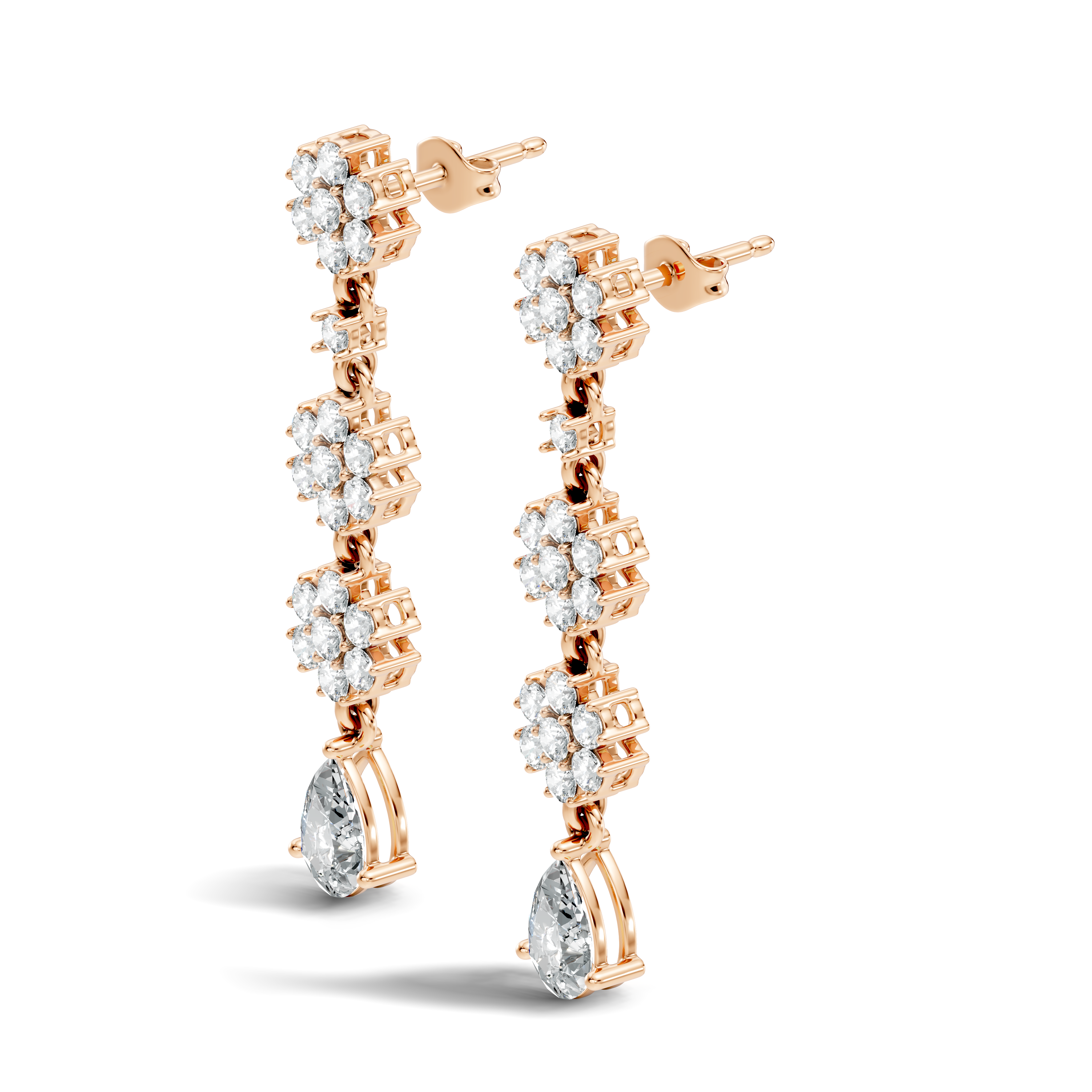 Triple Floral Cluster & Pear Diamond Drop Earrings