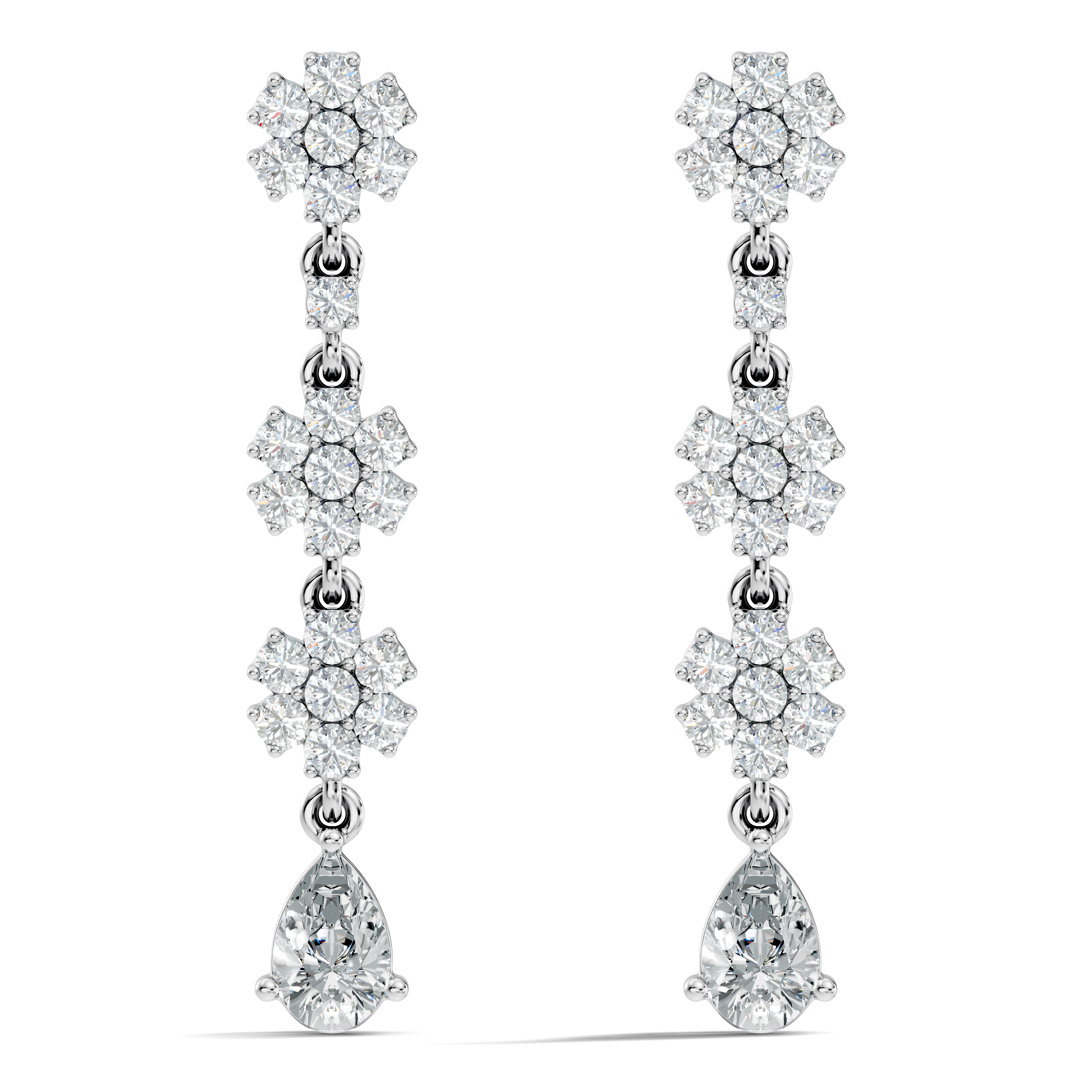 Triple Floral Cluster & Pear Diamond Drop Earrings