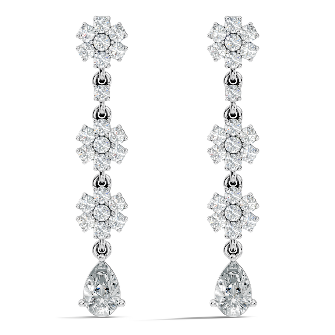 Triple Floral Cluster & Pear Diamond Drop Earrings