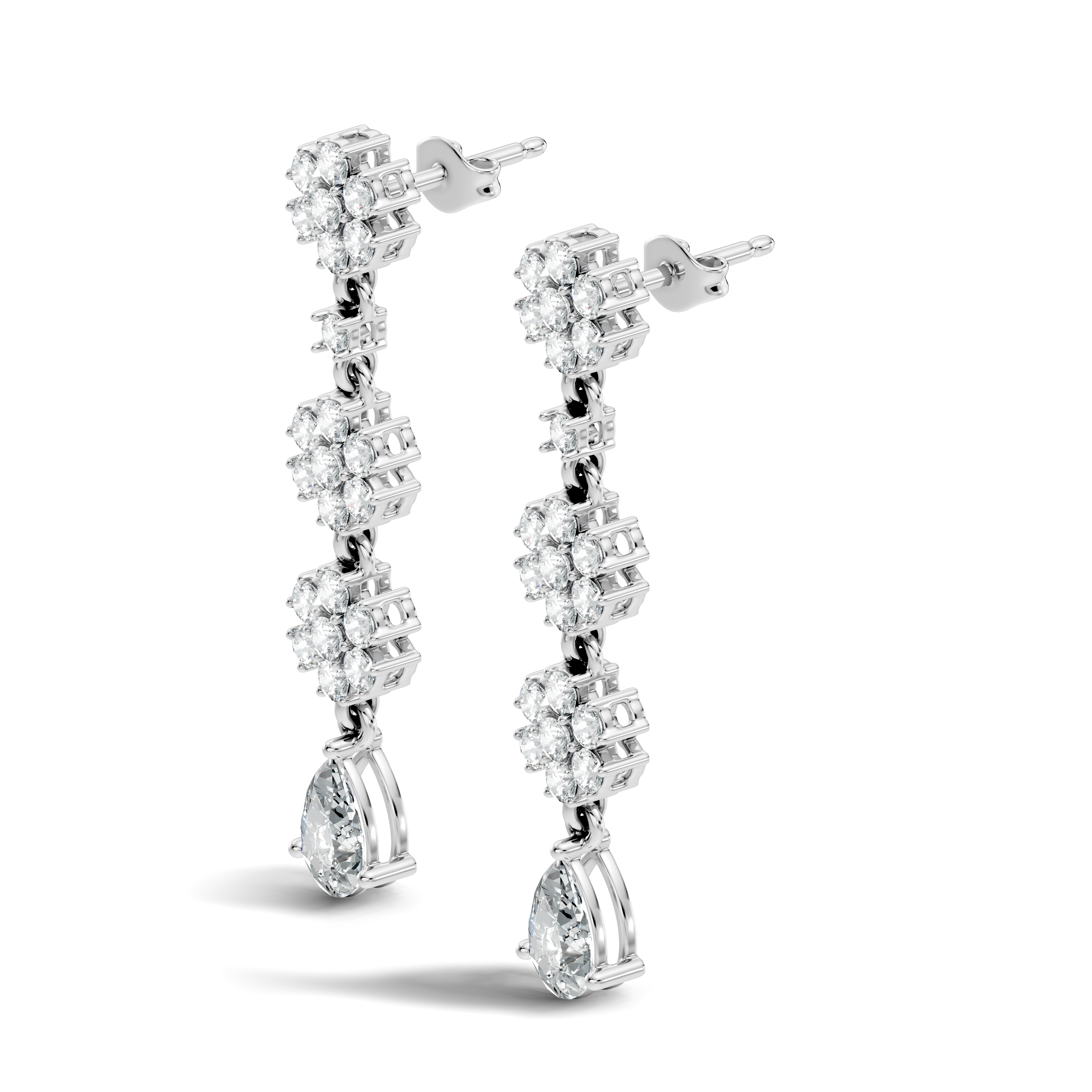 Triple Floral Cluster & Pear Diamond Drop Earrings