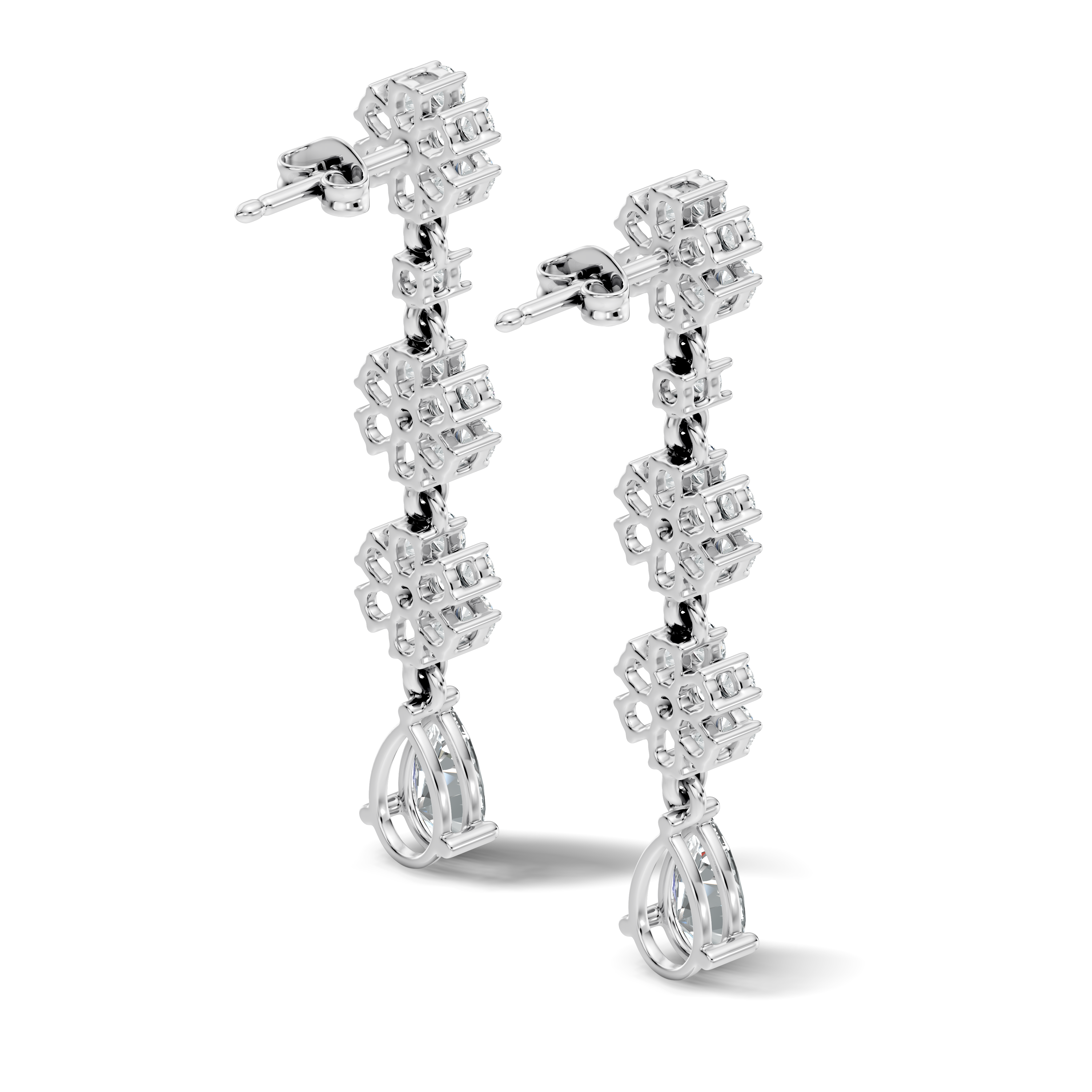 Triple Floral Cluster & Pear Diamond Drop Earrings