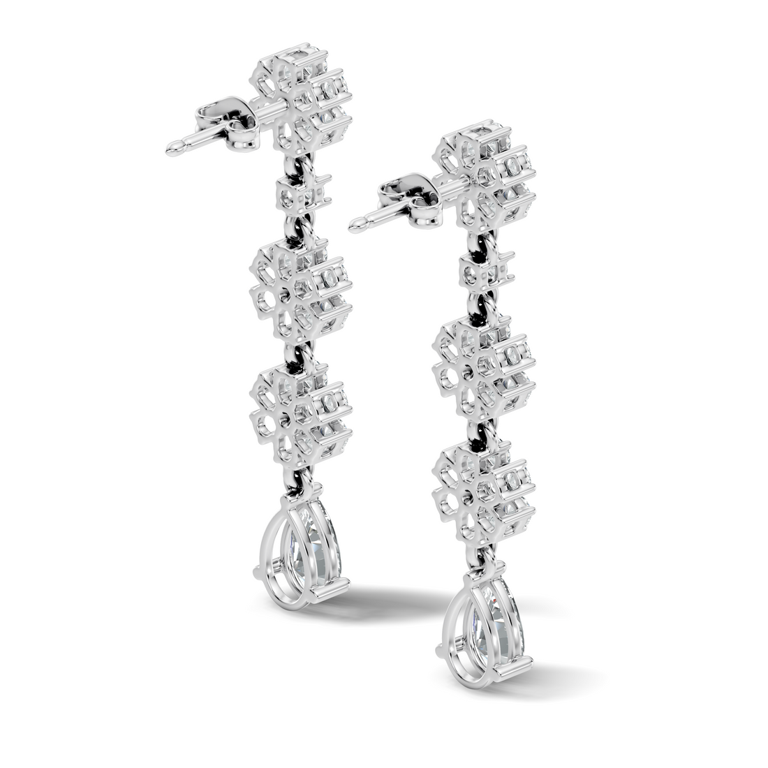Triple Floral Cluster & Pear Diamond Drop Earrings