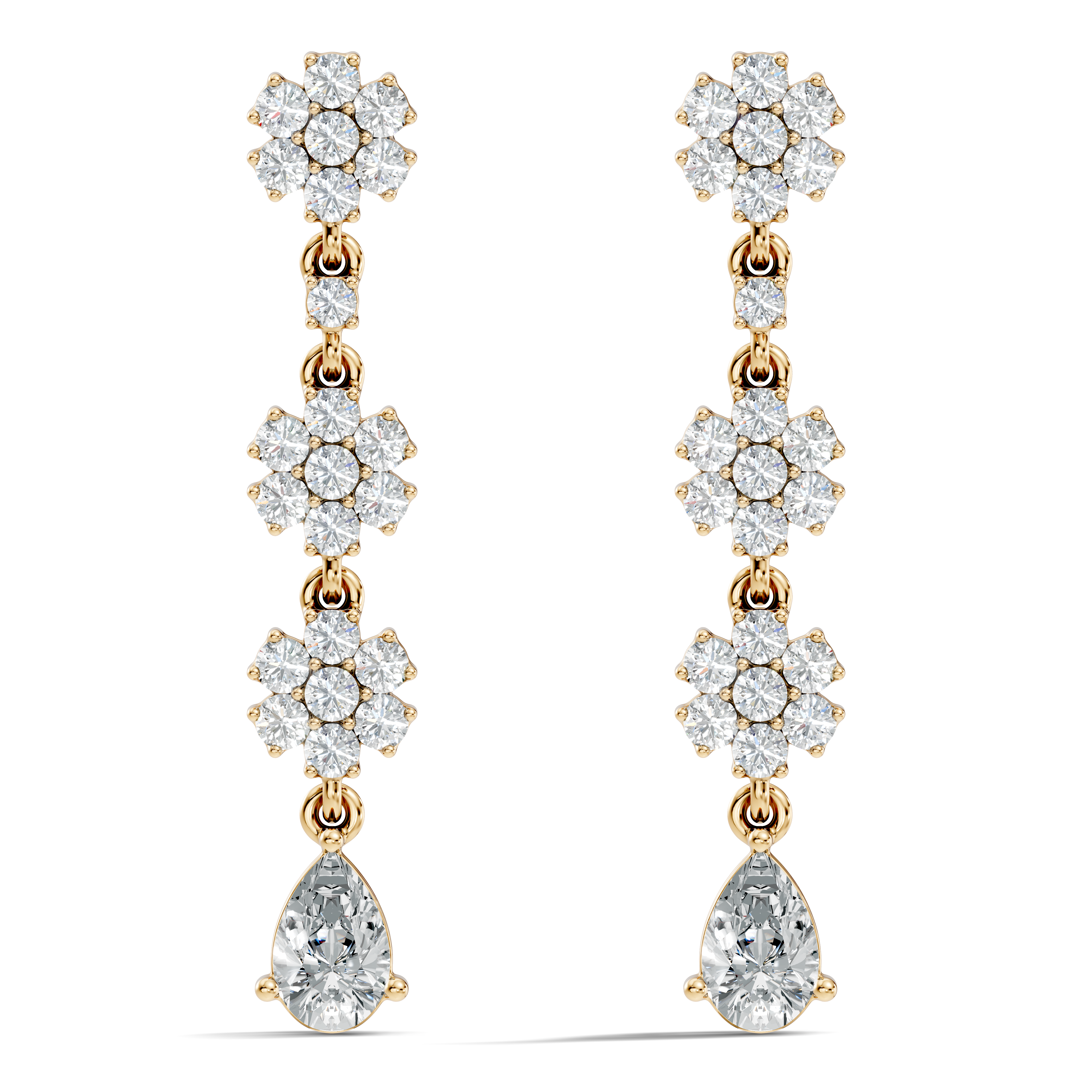 Triple Floral Cluster & Pear Diamond Drop Earrings