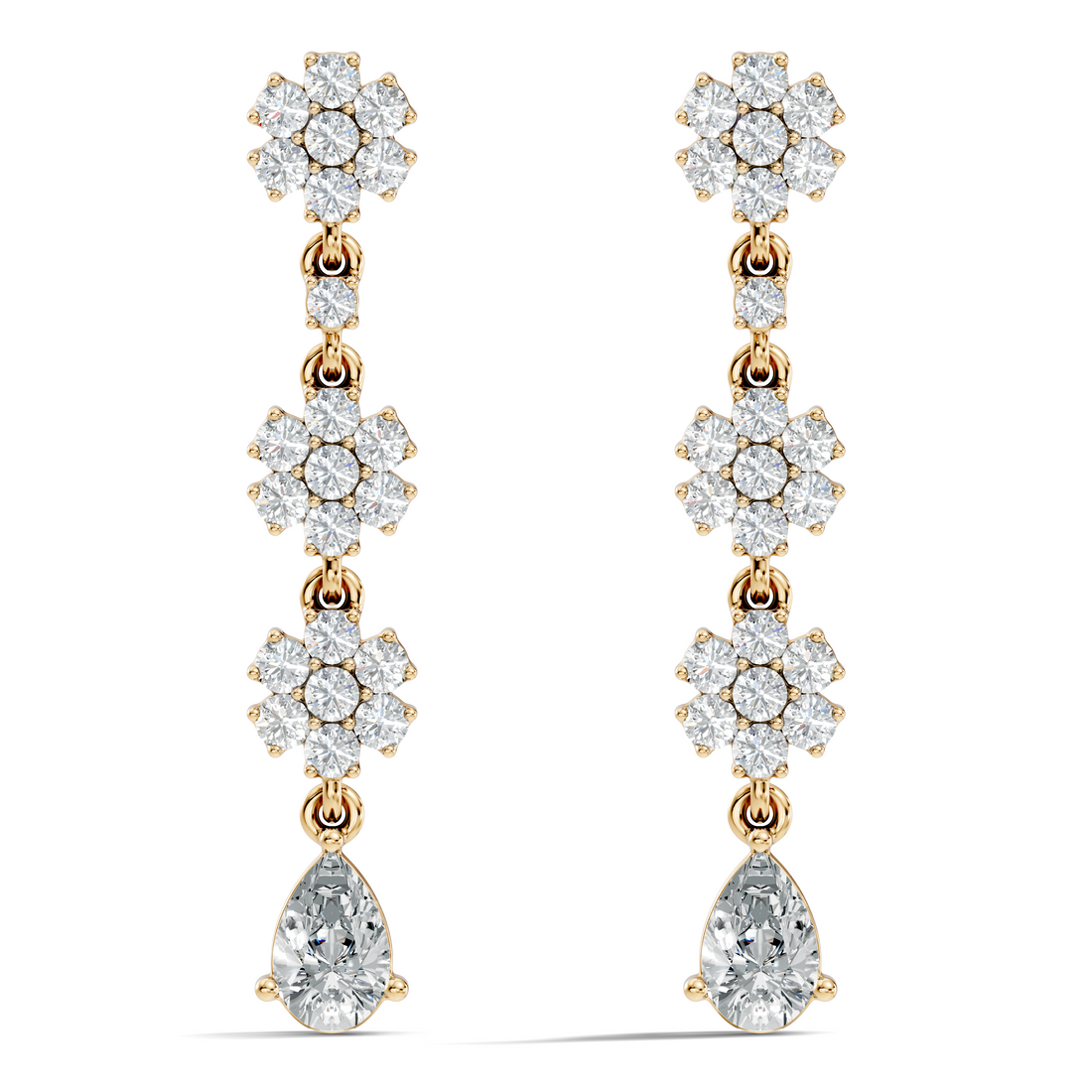 Triple Floral Cluster & Pear Diamond Drop Earrings