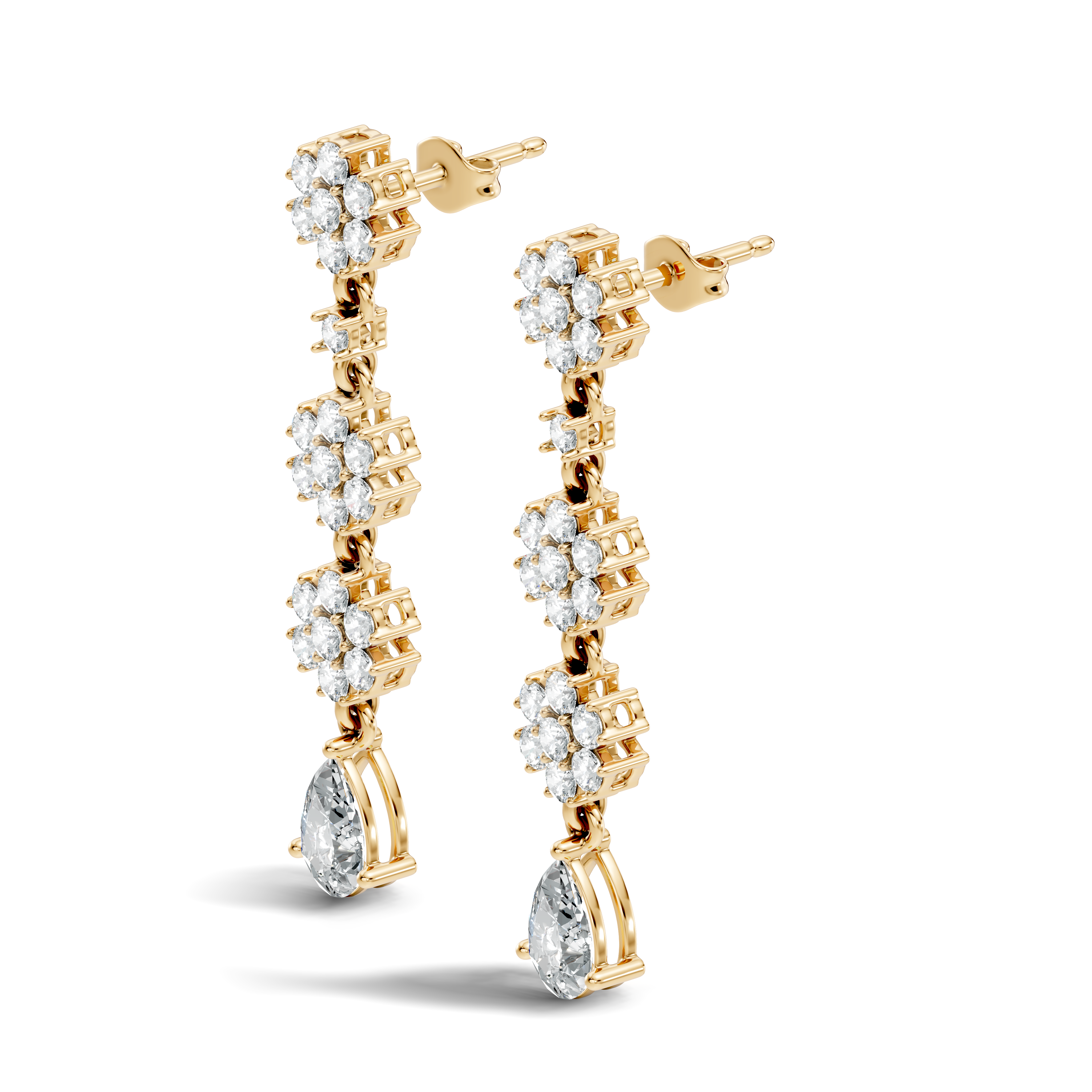 Triple Floral Cluster & Pear Diamond Drop Earrings