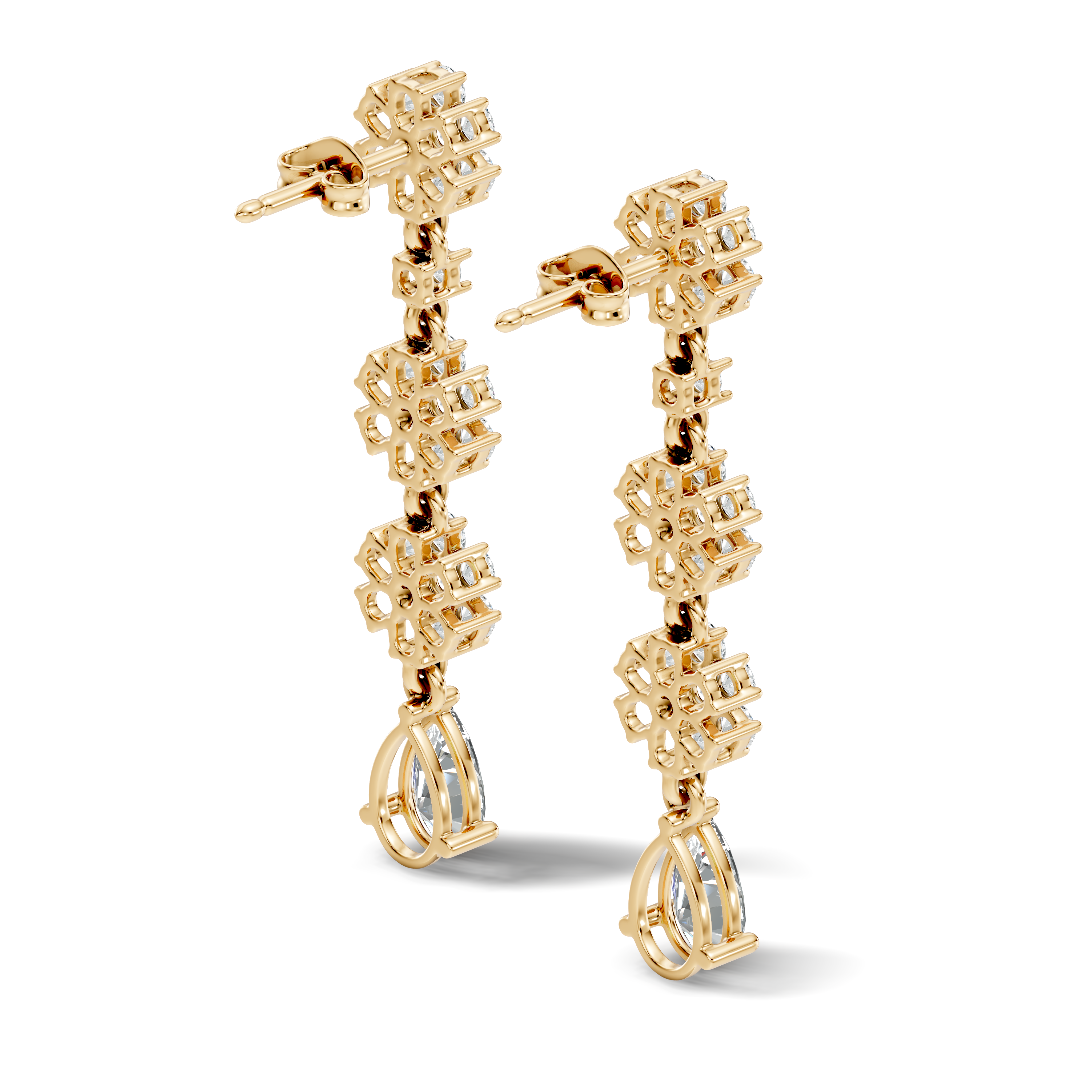 Triple Floral Cluster & Pear Diamond Drop Earrings