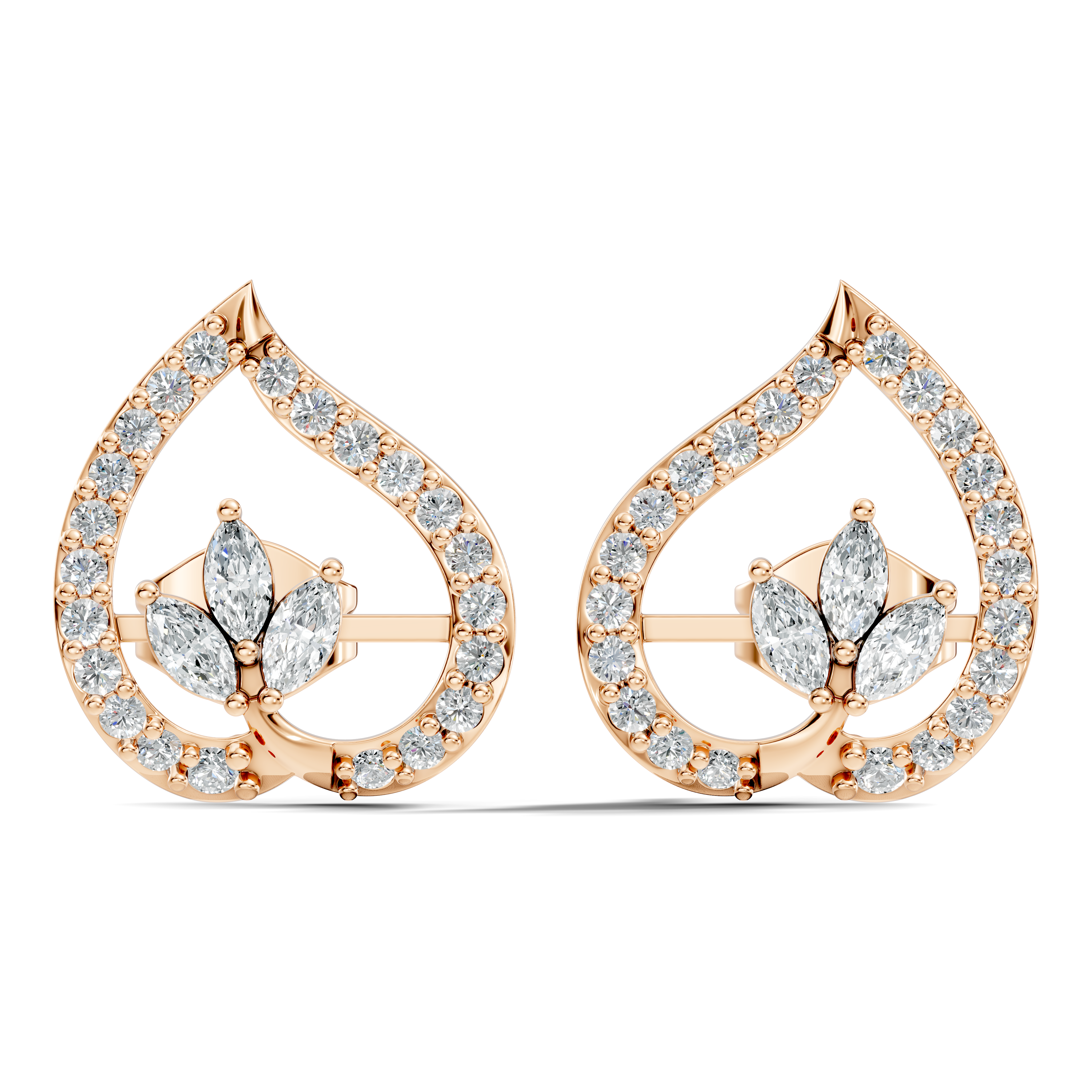 Marquise & Round Diamond Openwork Leaf Stud