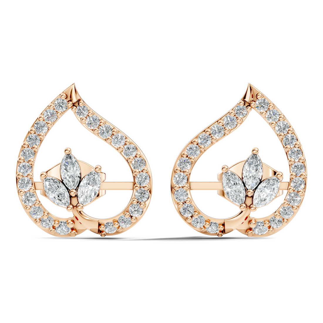 Marquise & Round Diamond Openwork Leaf Stud