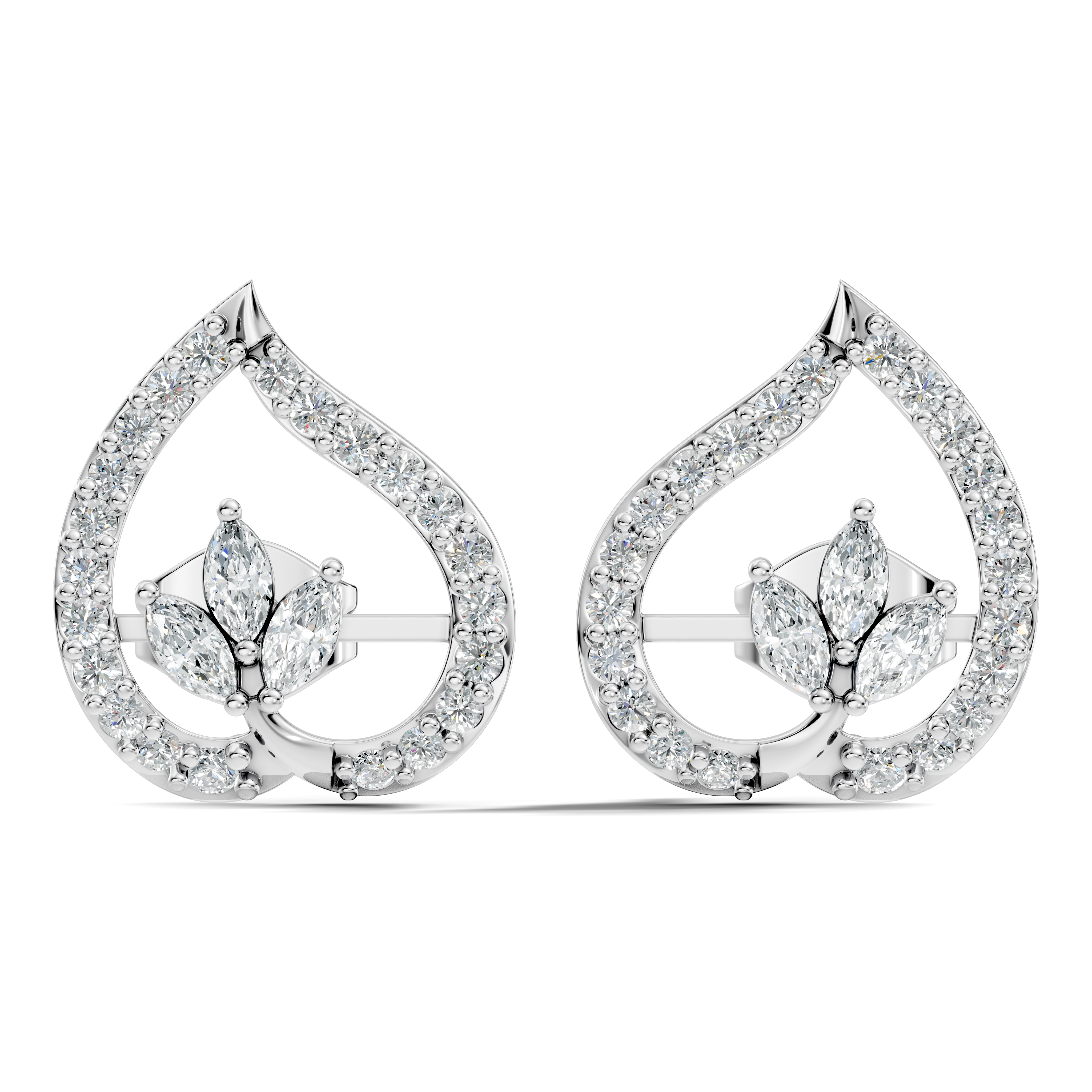 Marquise & Round Diamond Openwork Leaf Stud