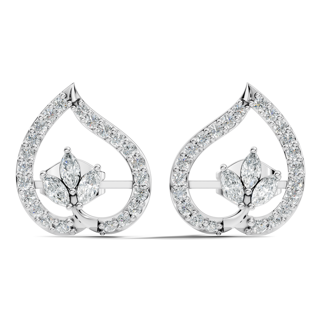 Marquise & Round Diamond Openwork Leaf Stud