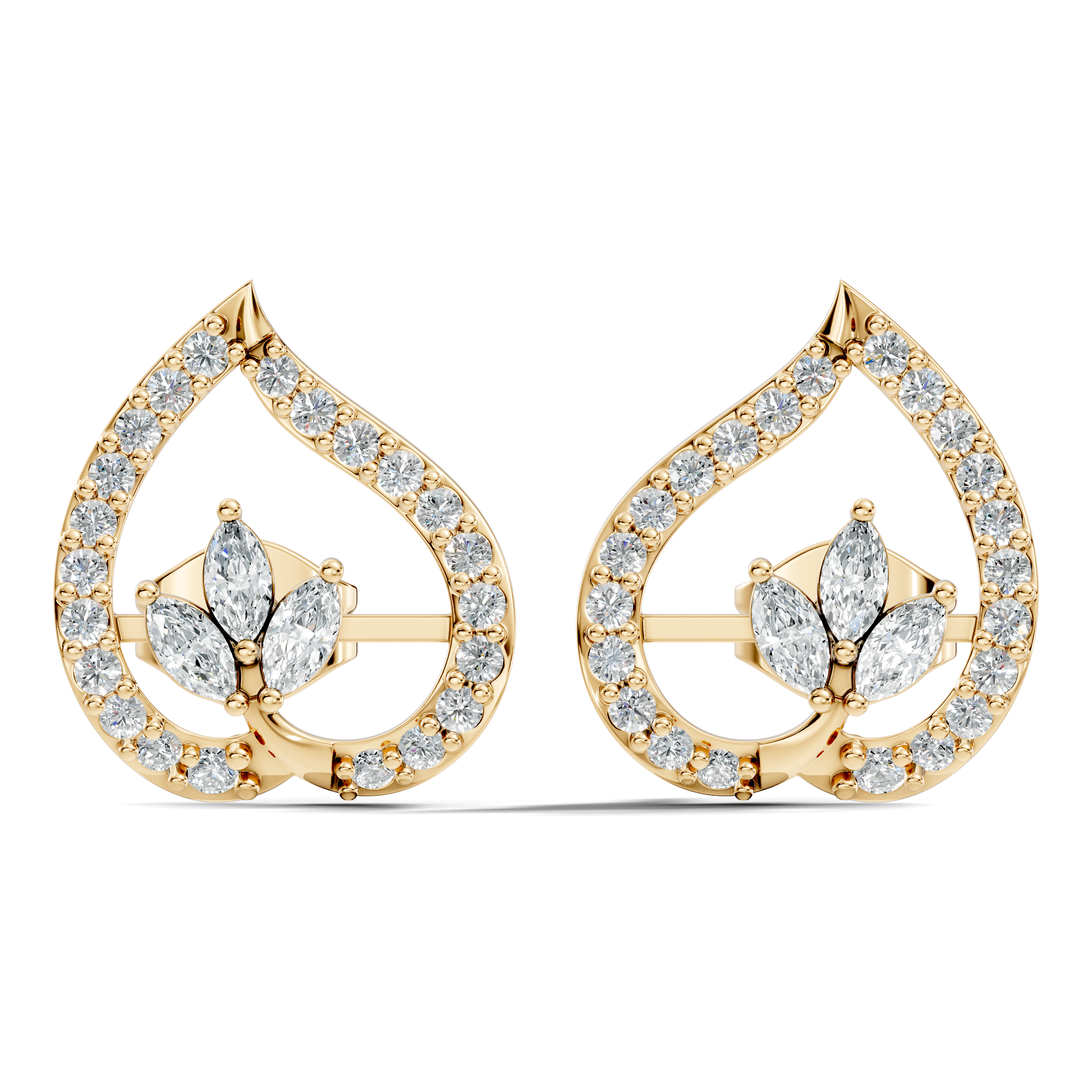 Marquise & Round Diamond Openwork Leaf Stud