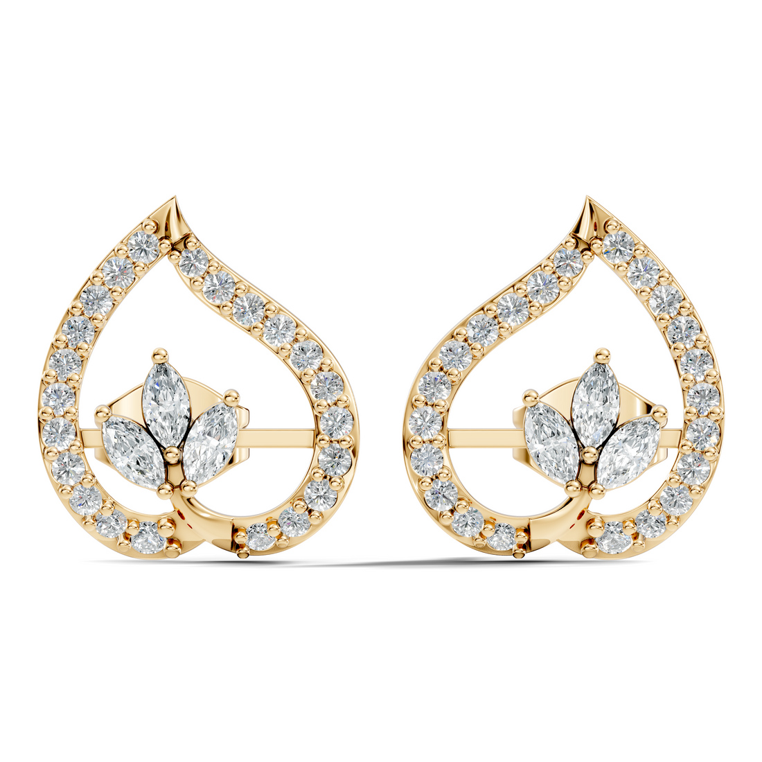 Marquise & Round Diamond Openwork Leaf Stud