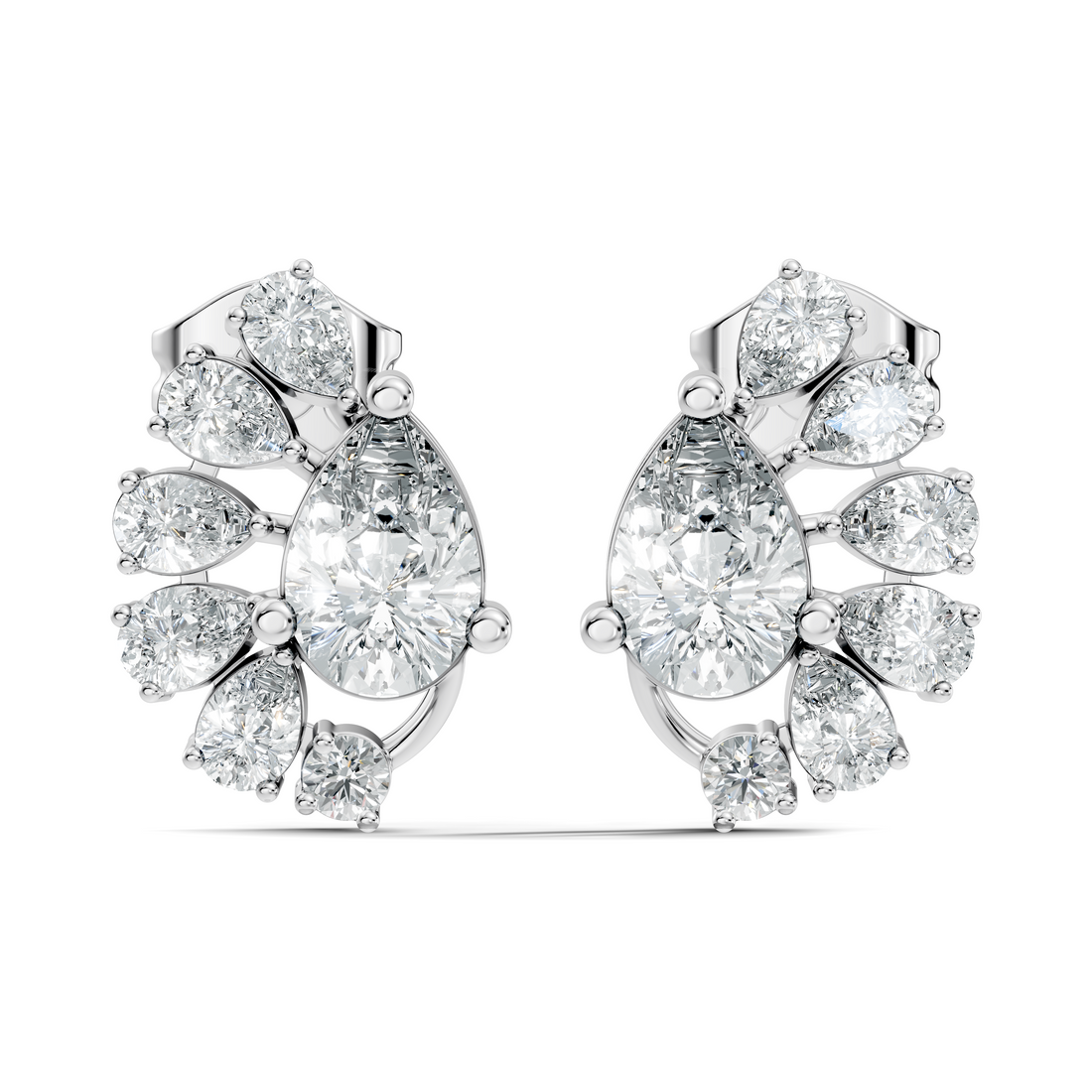 Pear & Round Diamond Asymmetric Fan Cluster Stud