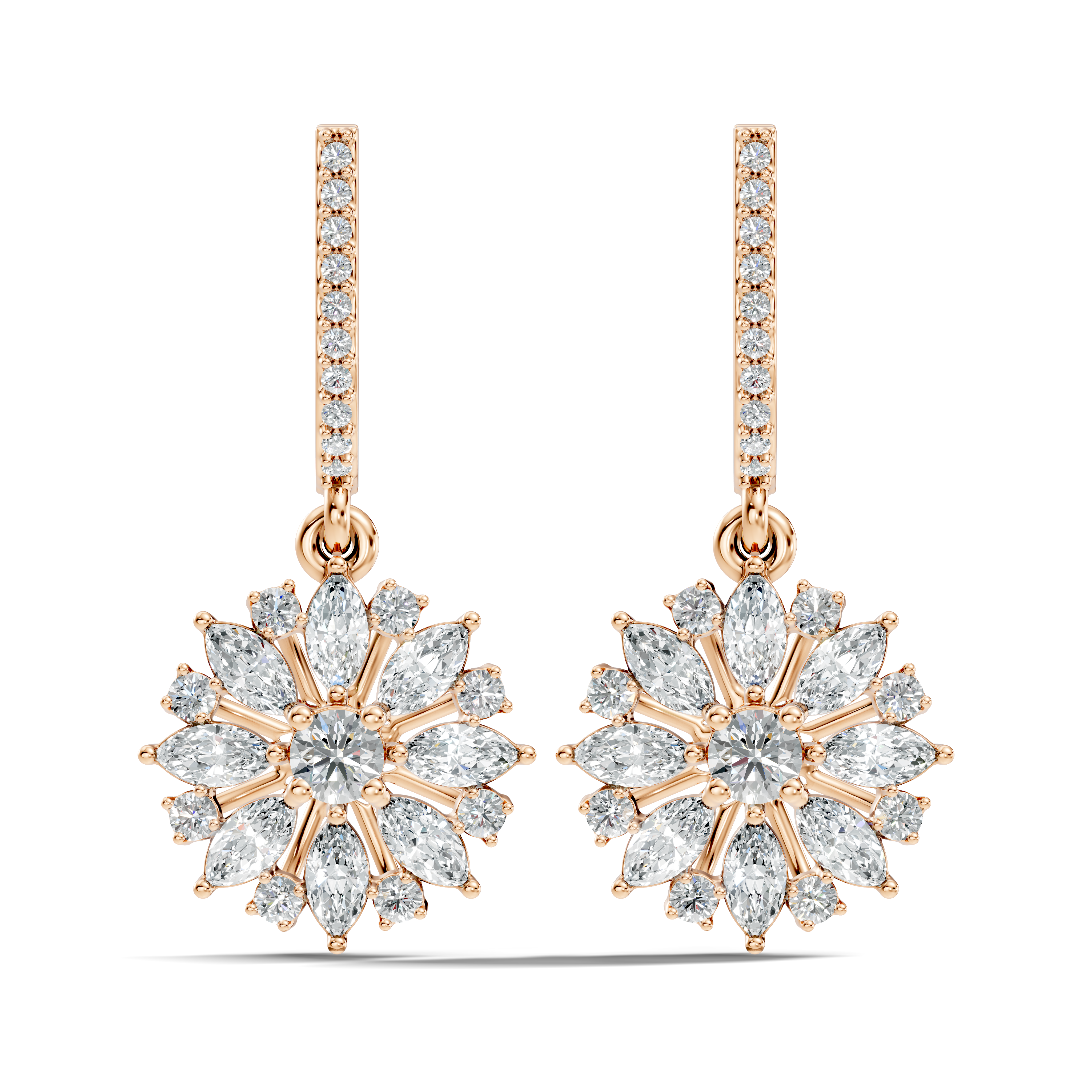 Marquise & Round Diamond Floral Sunburst Drop Earrings with Pavé Huggie Hoops