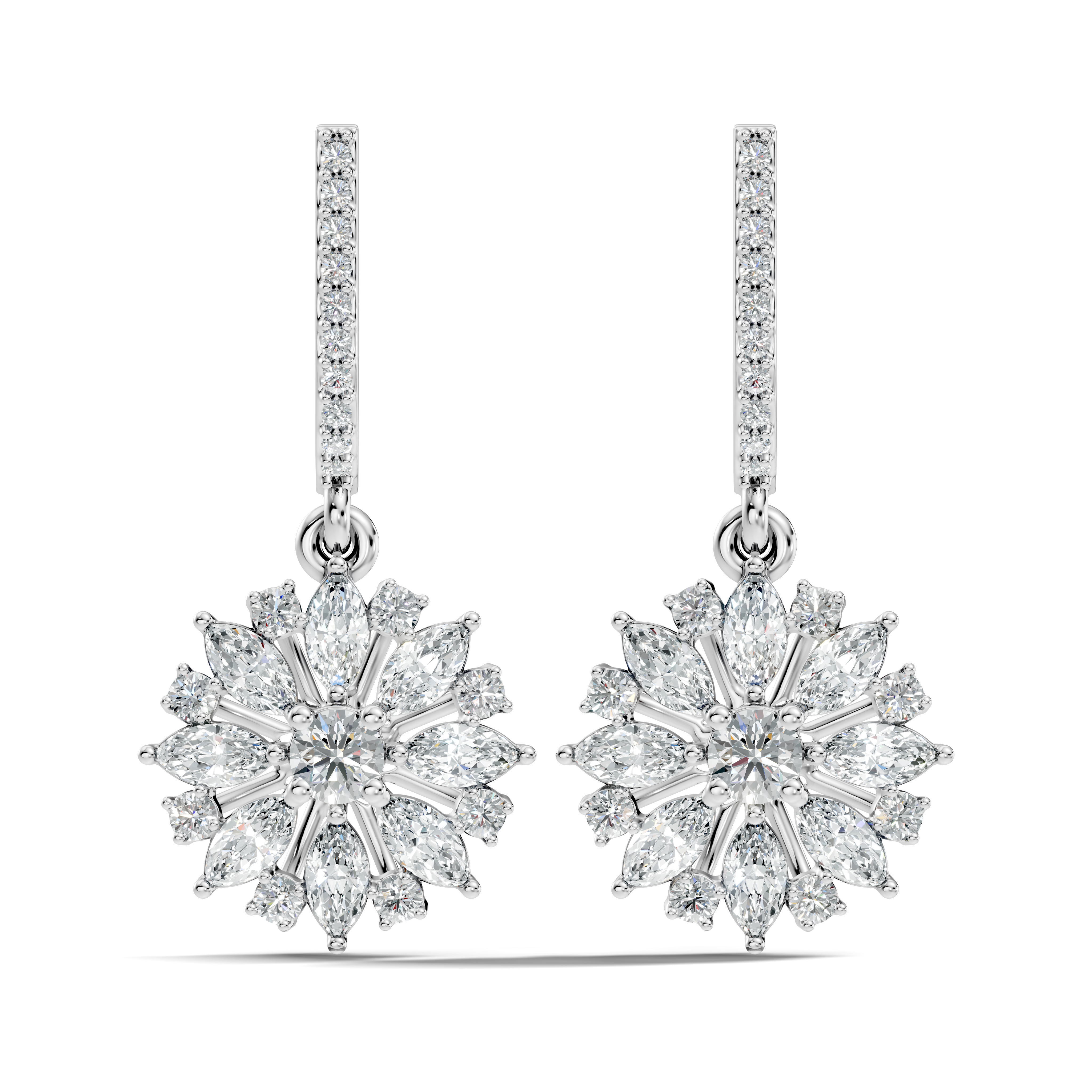 Marquise & Round Diamond Floral Sunburst Drop Earrings with Pavé Huggie Hoops