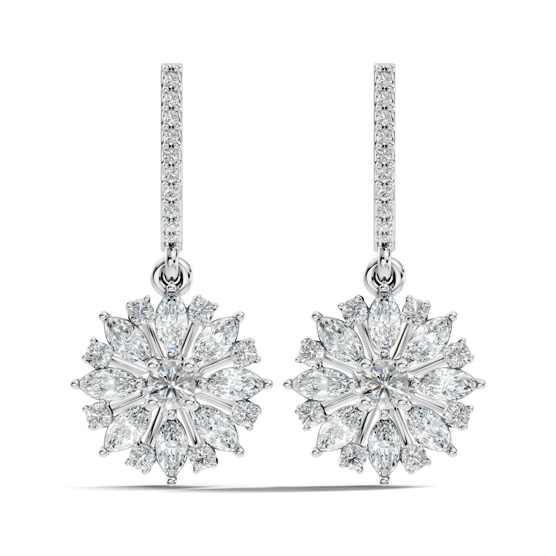 Marquise & Round Diamond Floral Sunburst Drop Earrings with Pavé Huggie Hoops