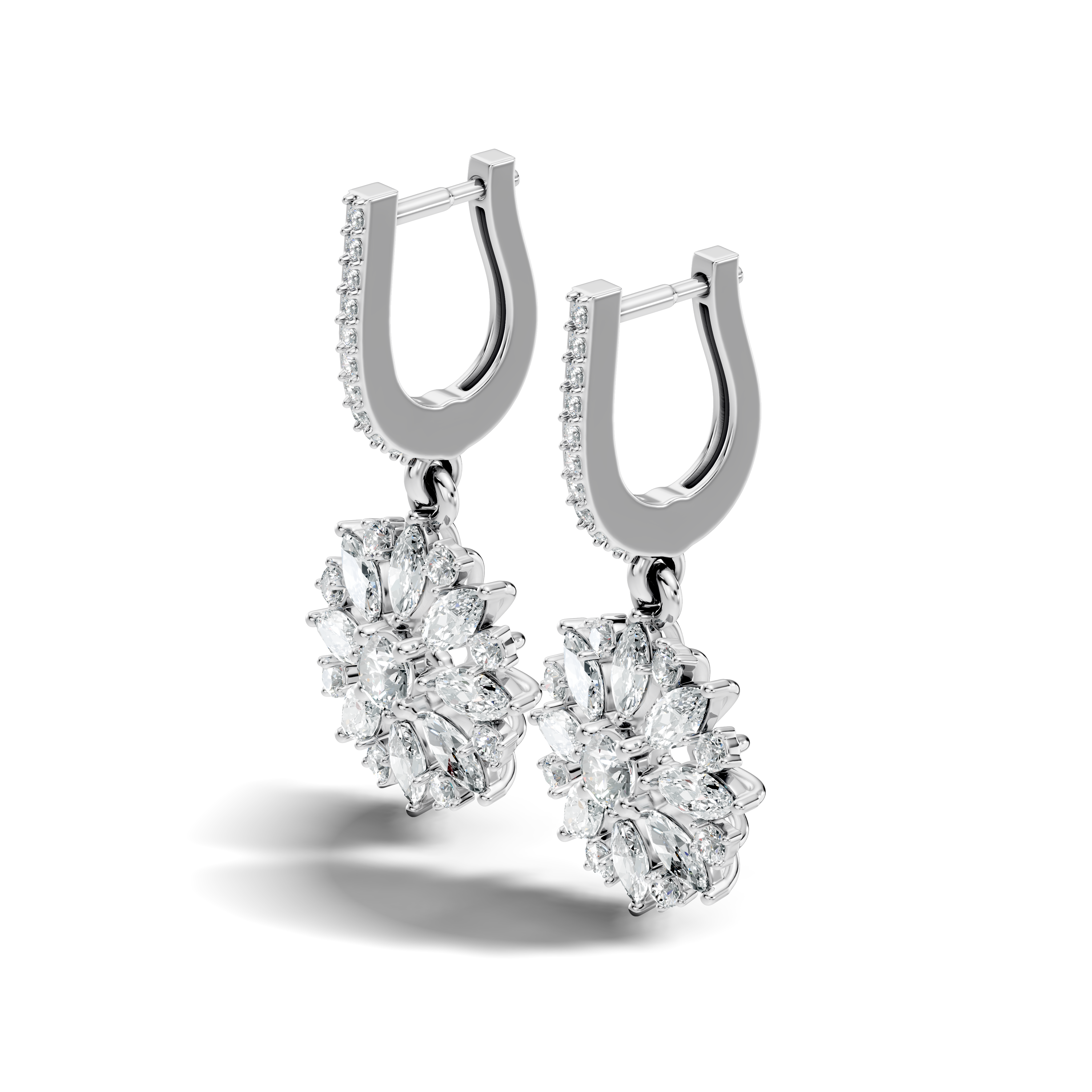 Marquise & Round Diamond Floral Sunburst Drop Earrings with Pavé Huggie Hoops