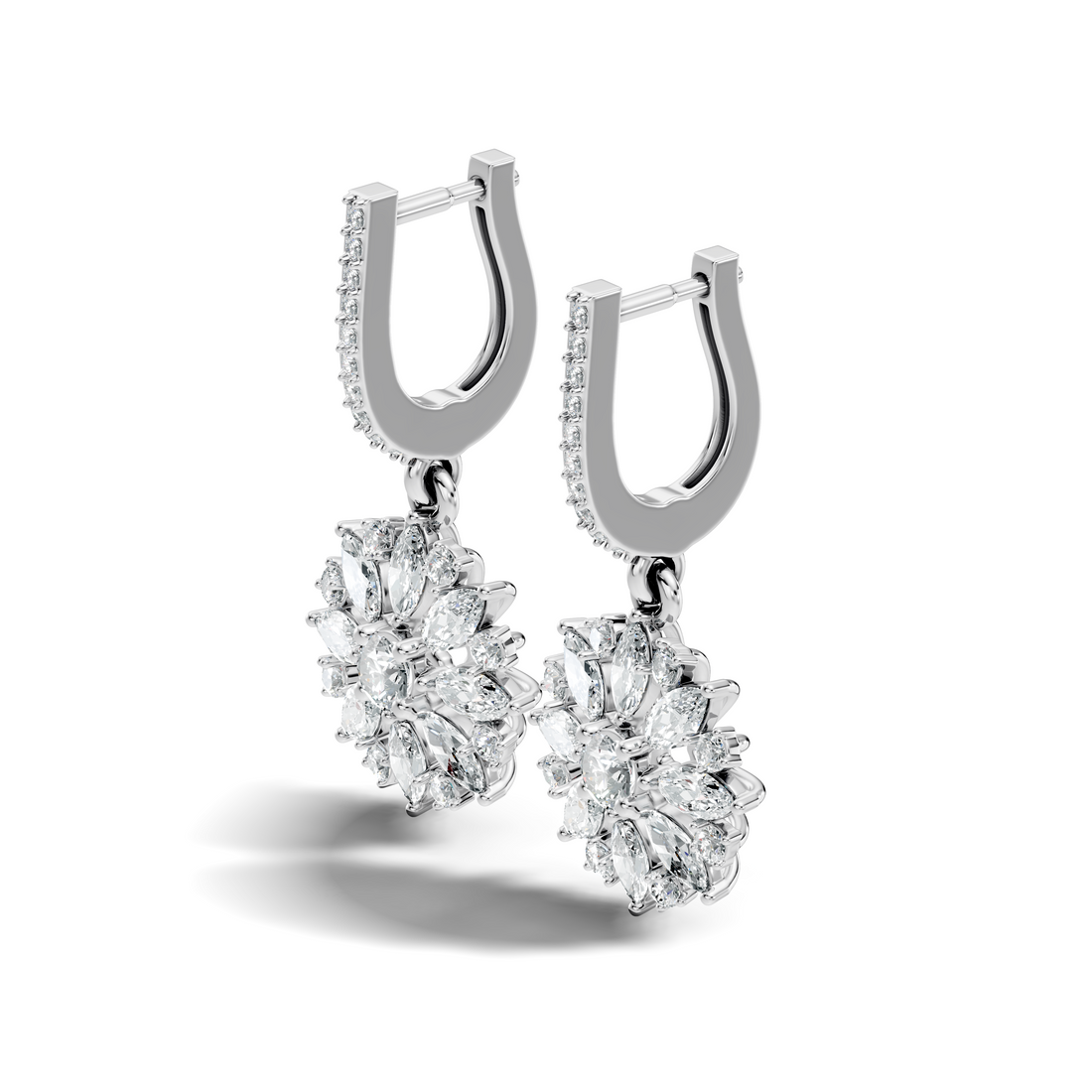 Marquise & Round Diamond Floral Sunburst Drop Earrings with Pavé Huggie Hoops