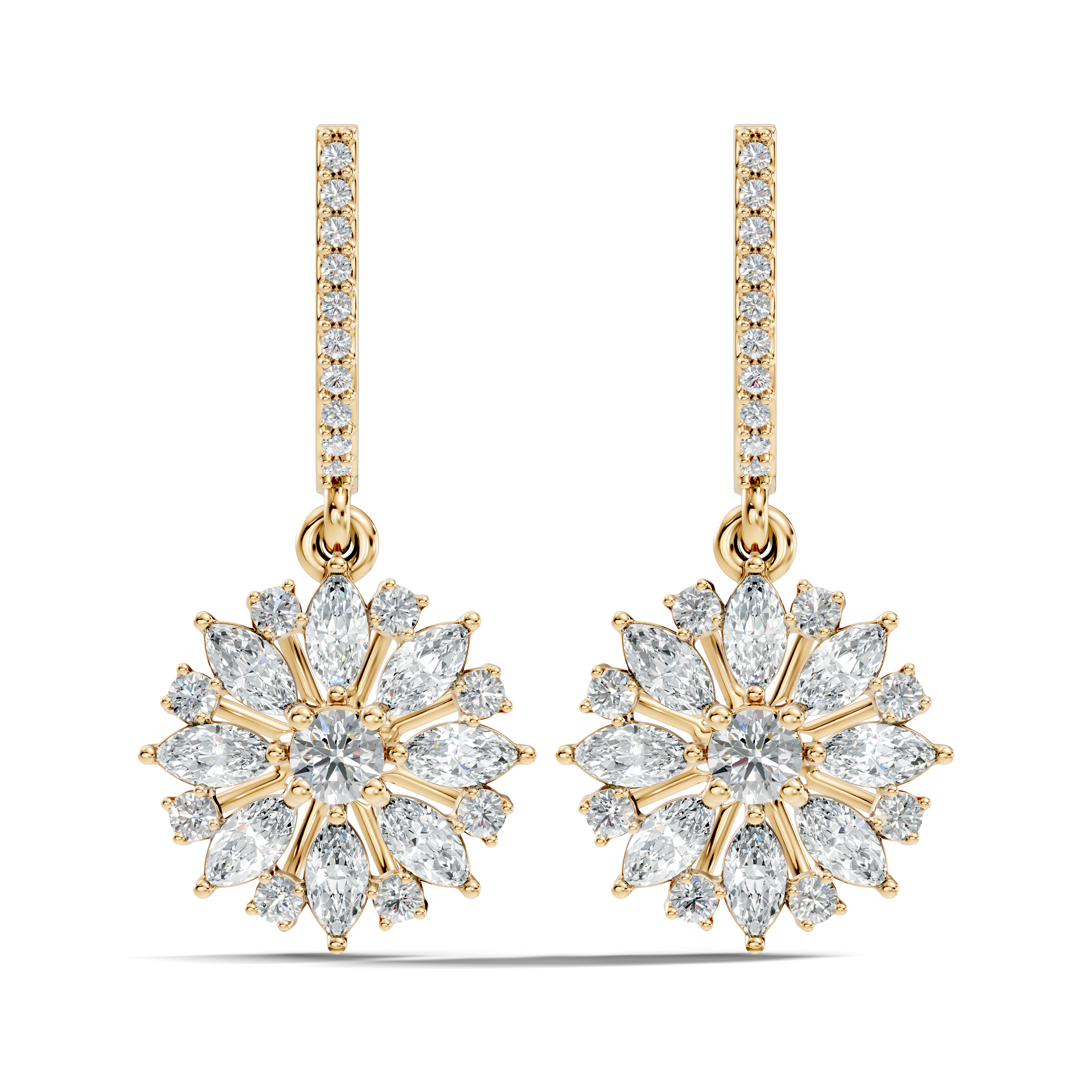 Marquise & Round Diamond Floral Sunburst Drop Earrings with Pavé Huggie Hoops