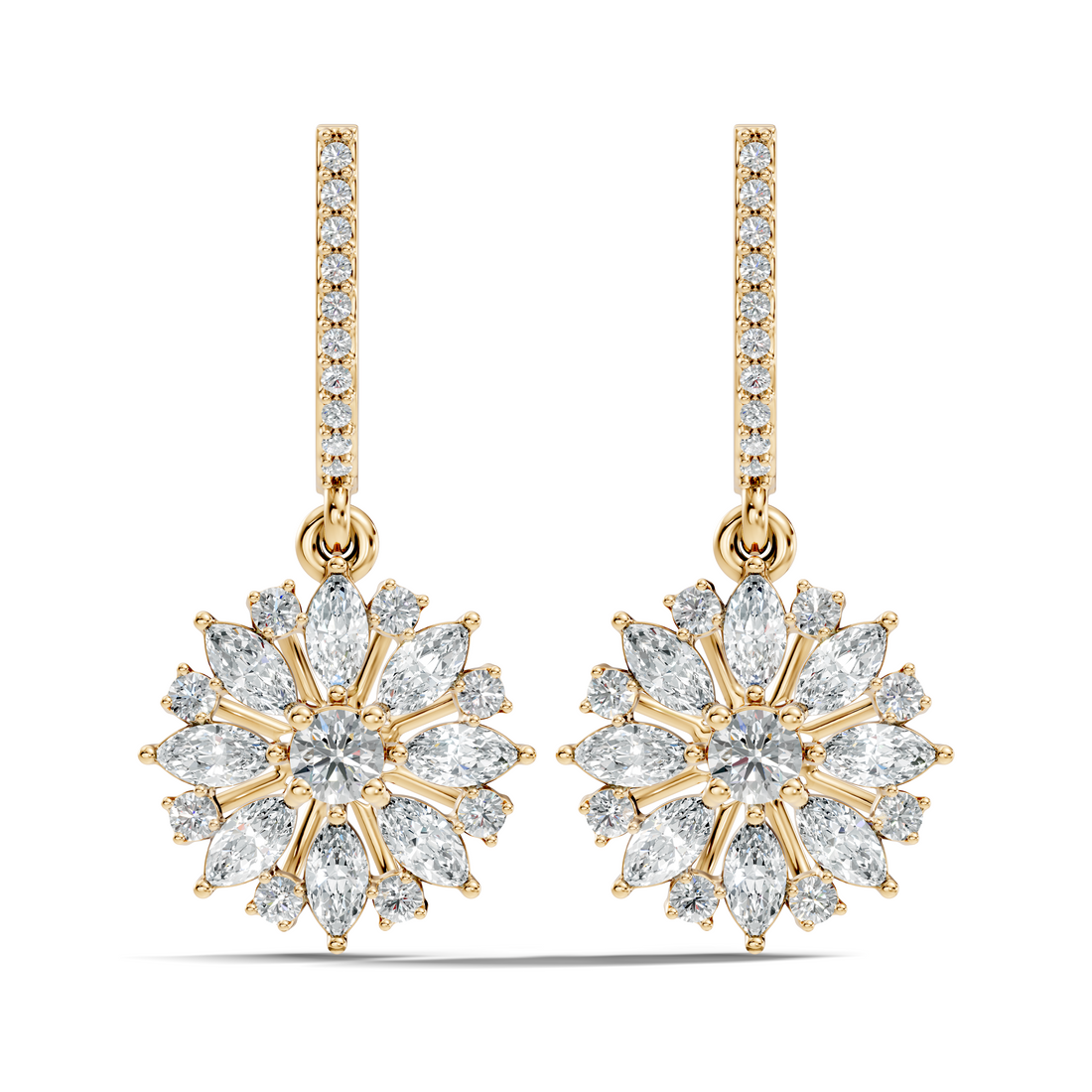 Marquise & Round Diamond Floral Sunburst Drop Earrings with Pavé Huggie Hoops