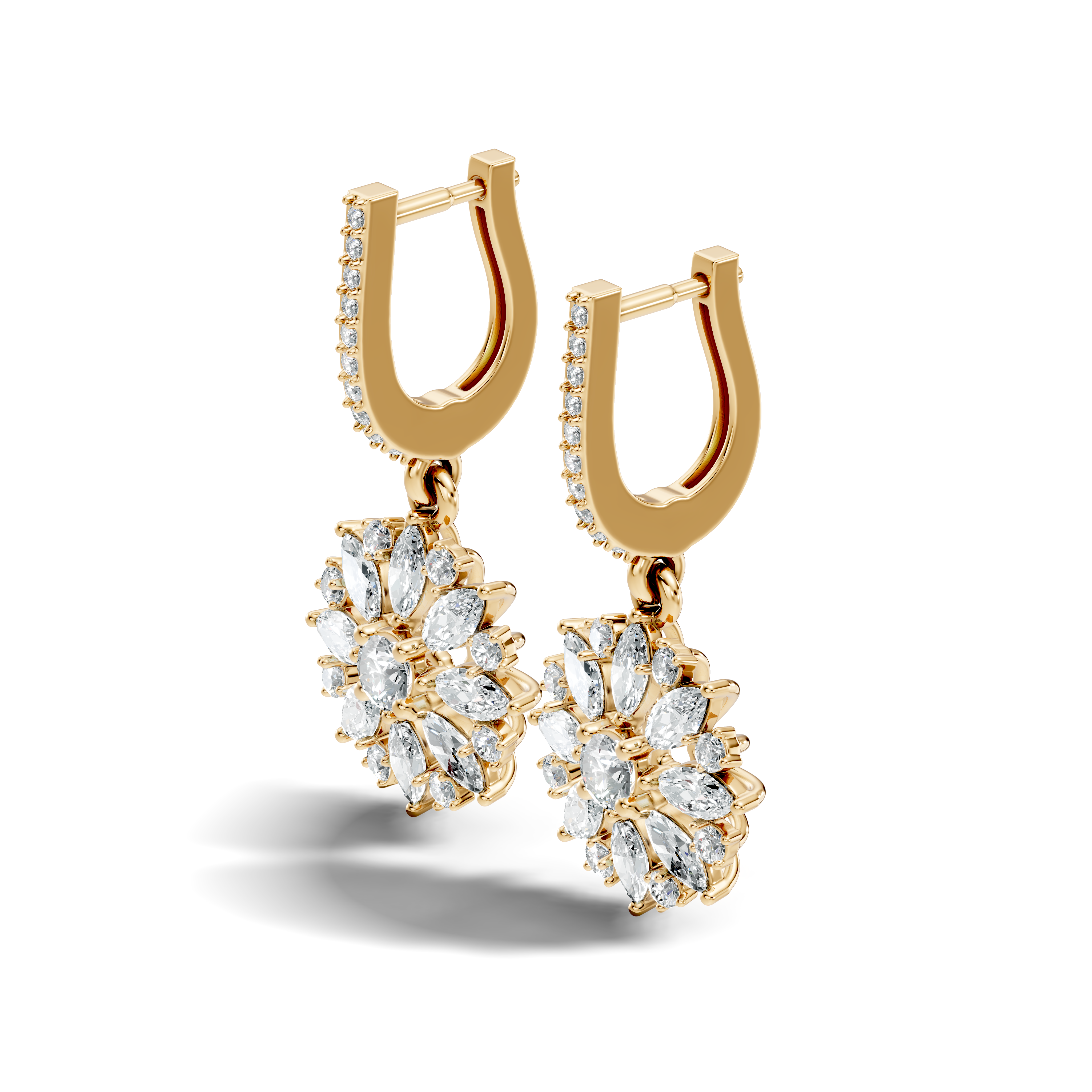 Marquise & Round Diamond Floral Sunburst Drop Earrings with Pavé Huggie Hoops