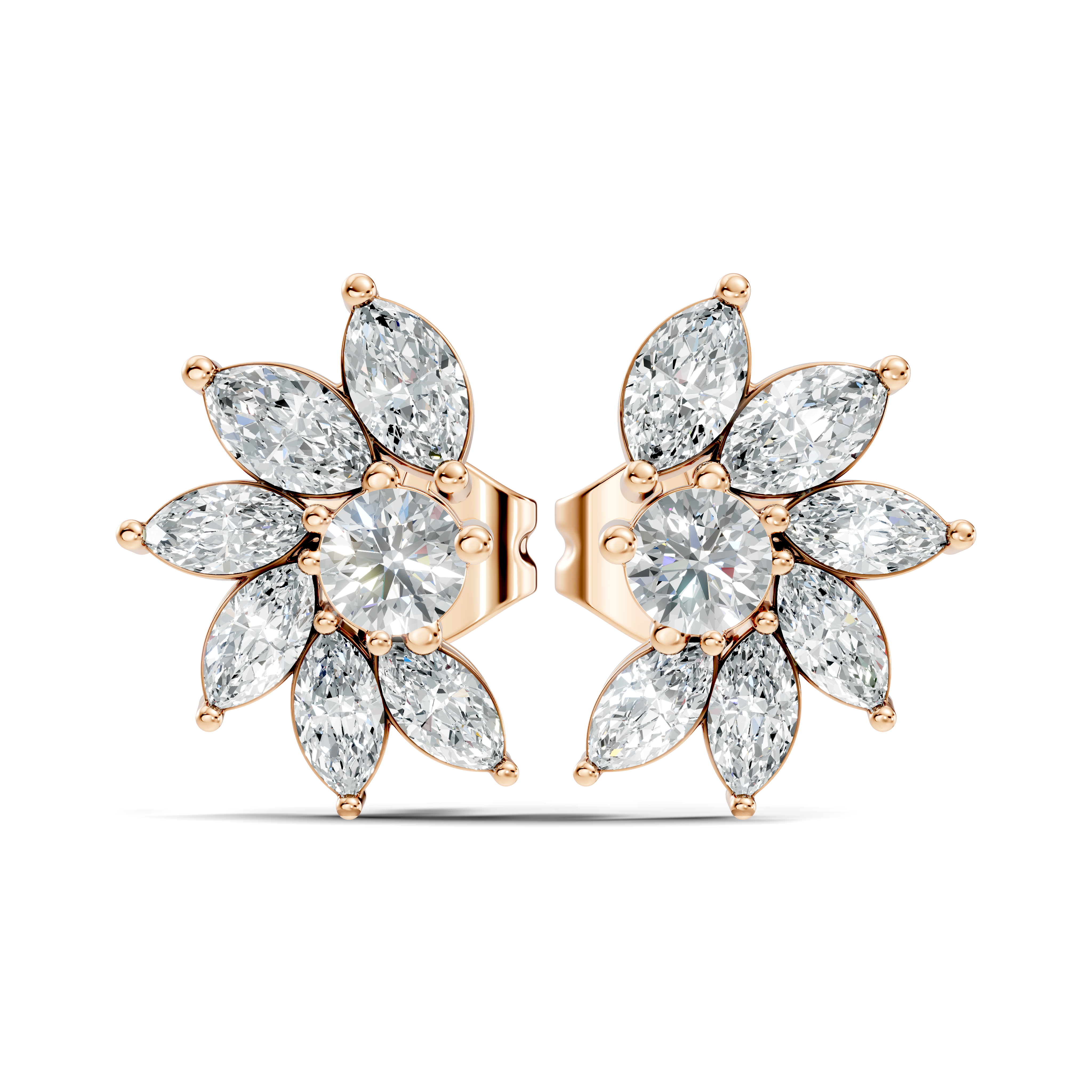 Marquise & Round Diamond Asymmetric Pinwheel Cluster Stud
