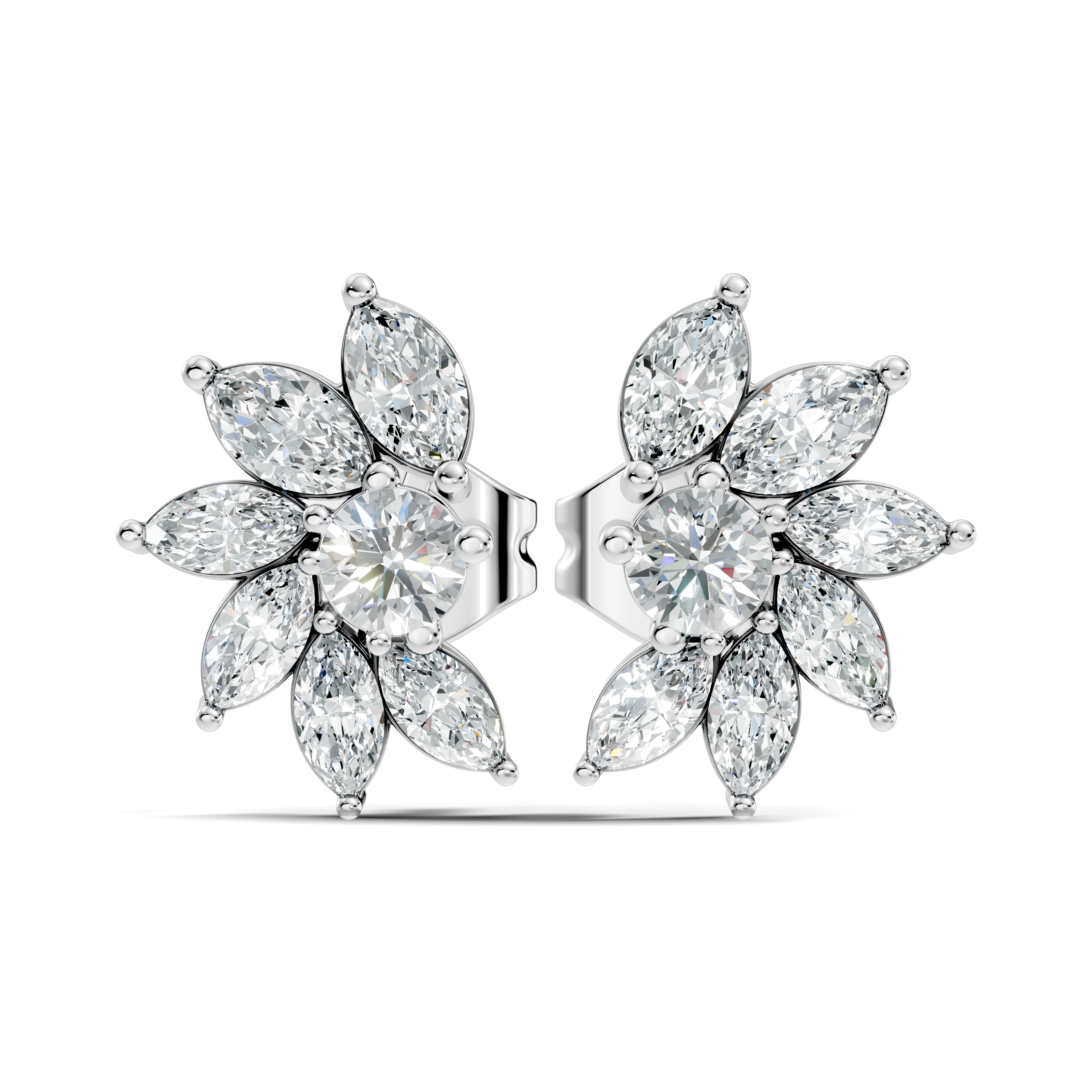 Marquise & Round Diamond Asymmetric Pinwheel Cluster Stud