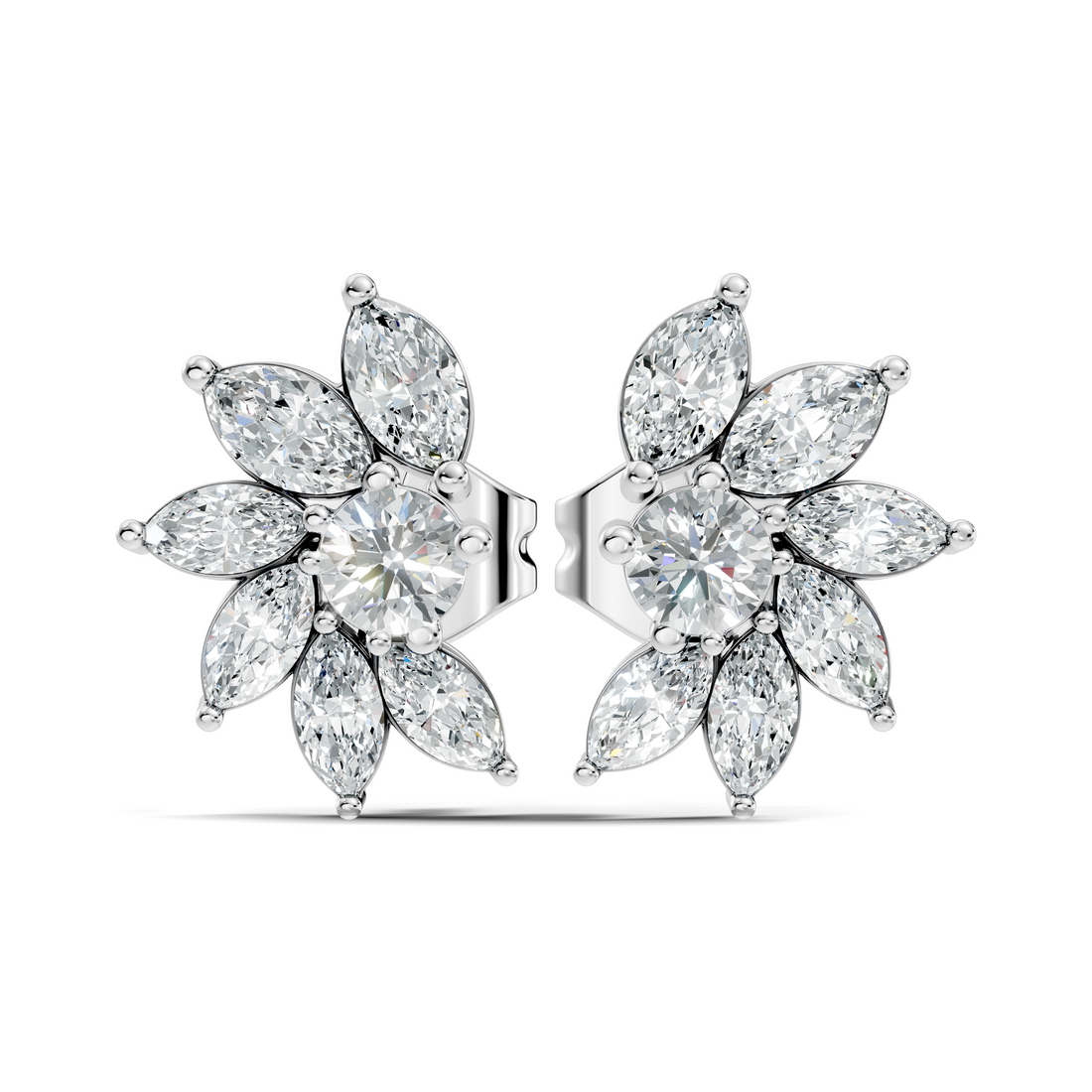 Marquise & Round Diamond Asymmetric Pinwheel Cluster Stud