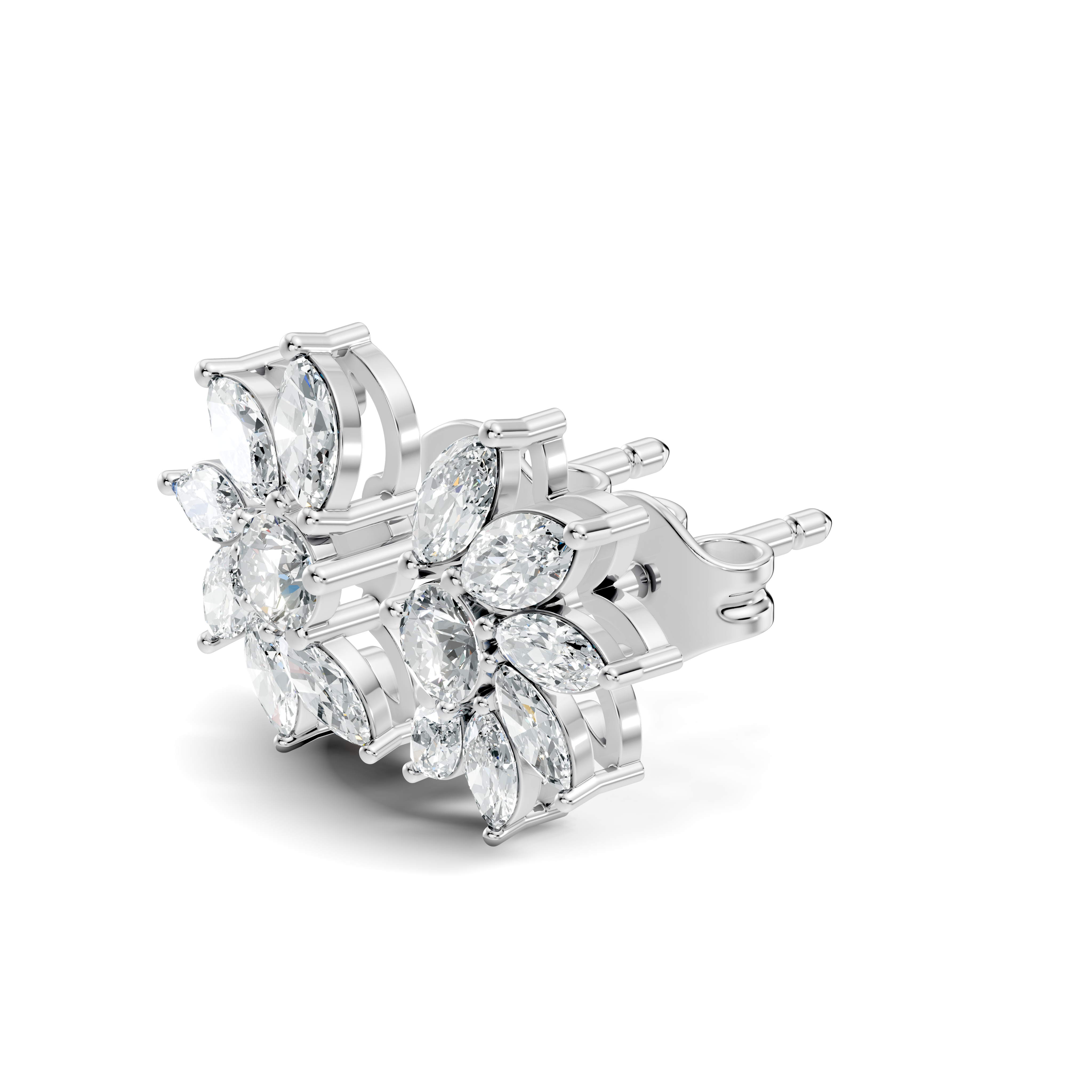 Marquise & Round Diamond Asymmetric Pinwheel Cluster Stud