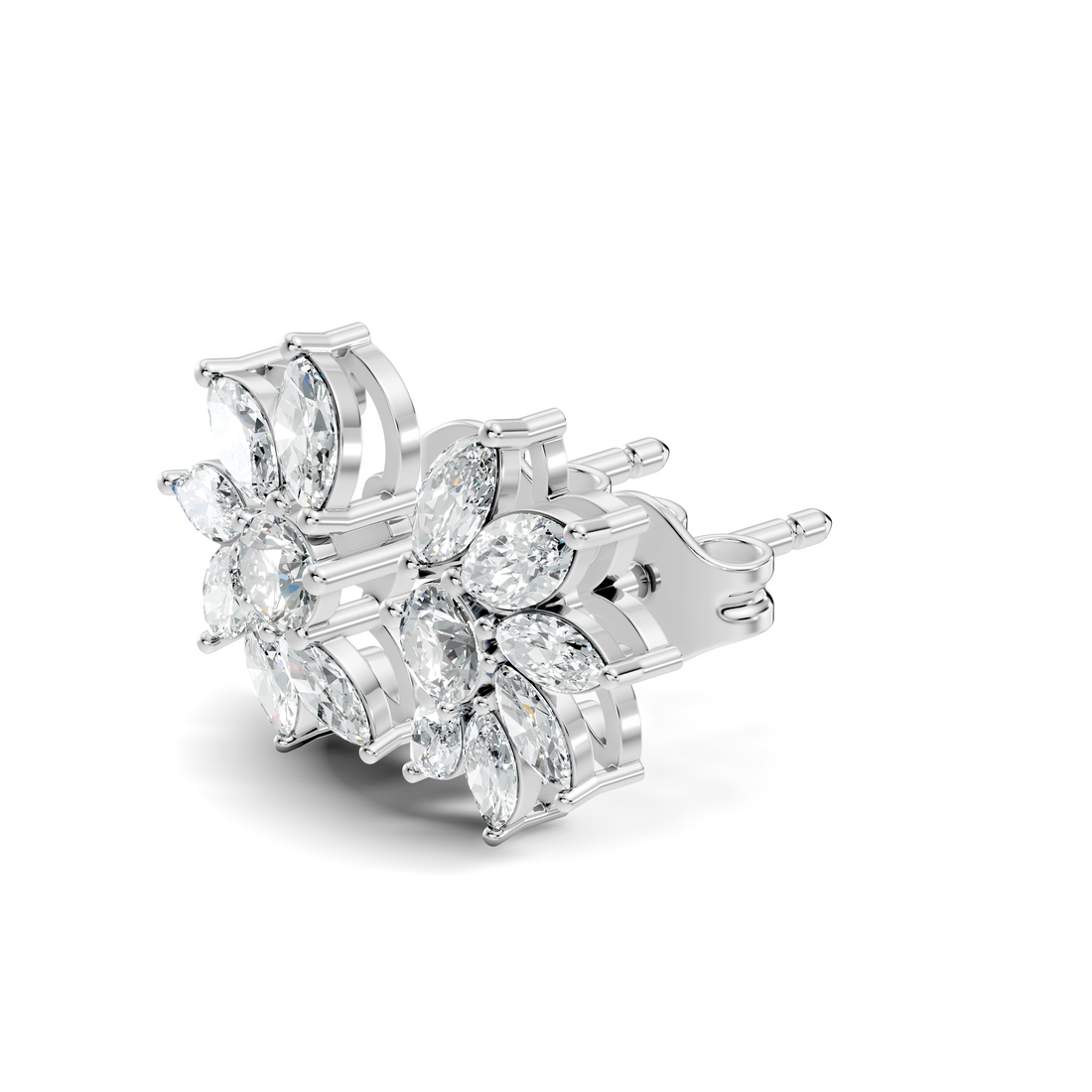 Marquise & Round Diamond Asymmetric Pinwheel Cluster Stud