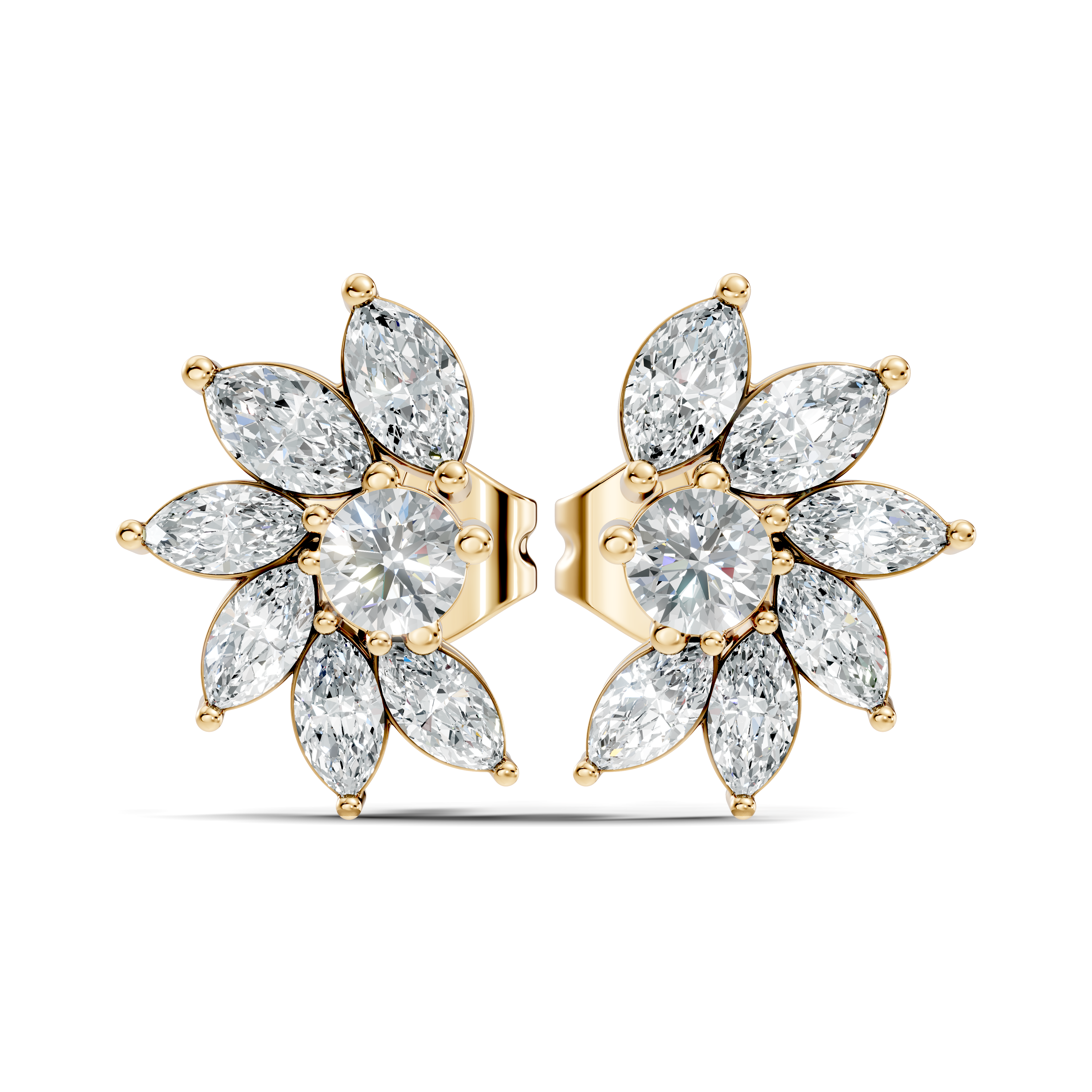 Marquise & Round Diamond Asymmetric Pinwheel Cluster Stud
