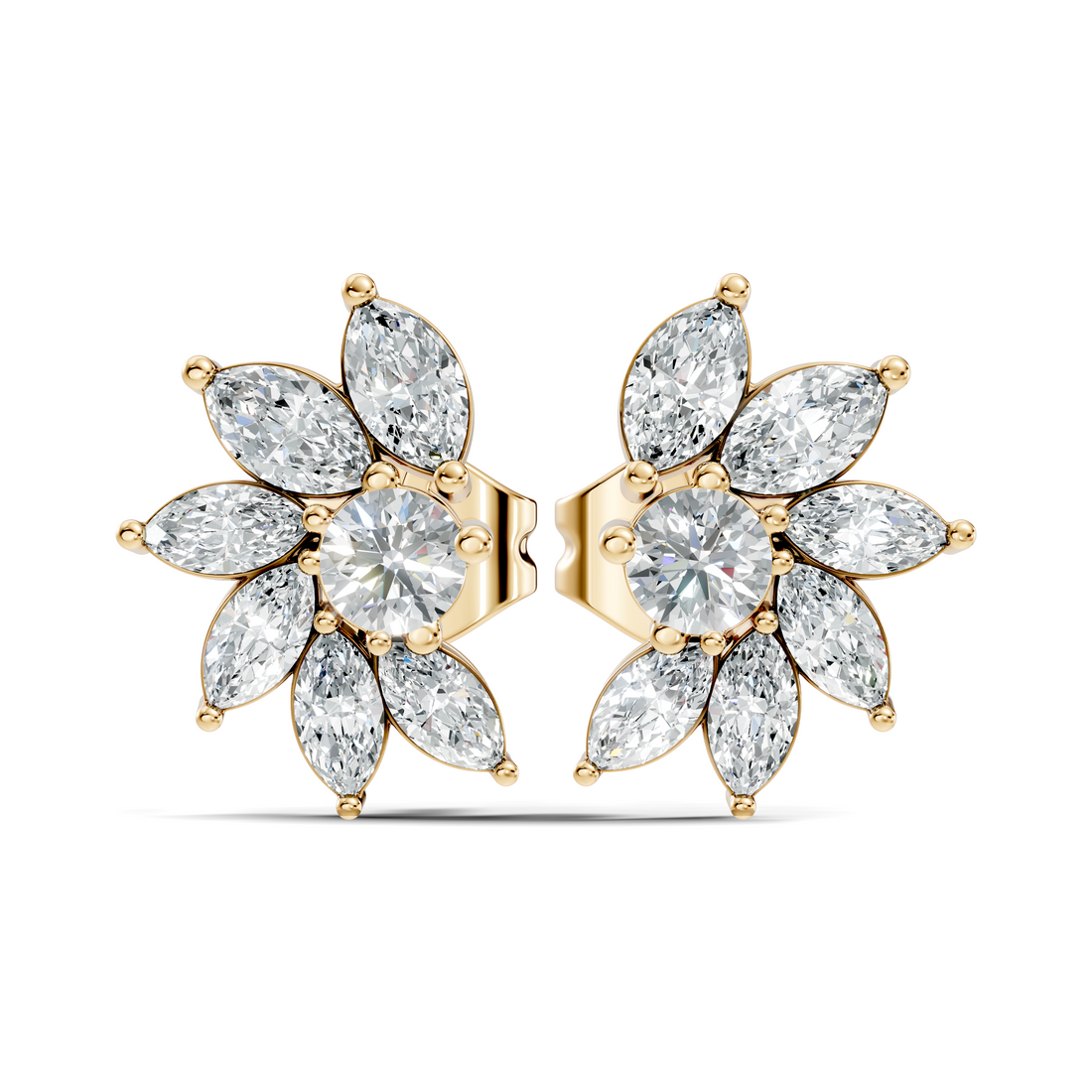 Marquise & Round Diamond Asymmetric Pinwheel Cluster Stud