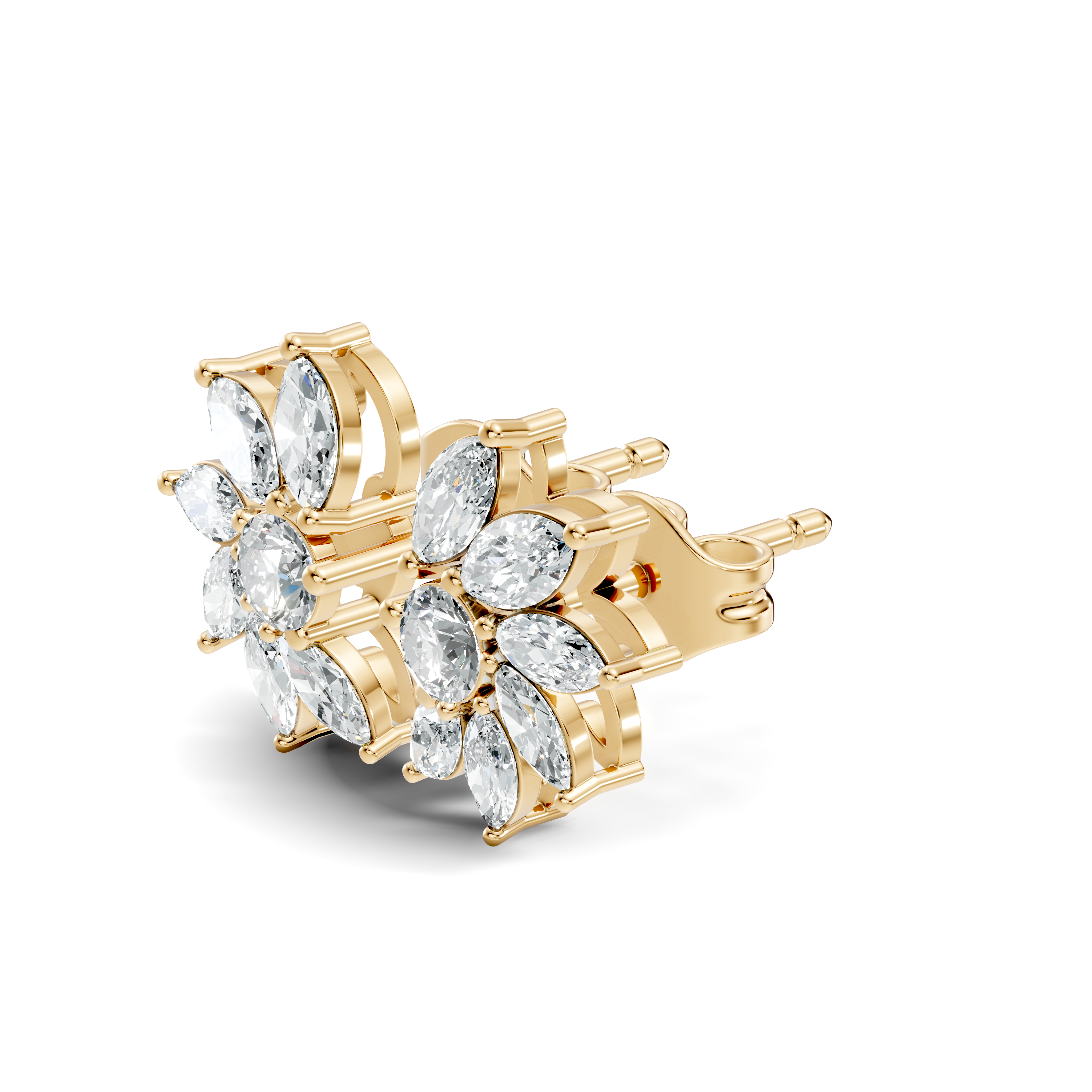 Marquise & Round Diamond Asymmetric Pinwheel Cluster Stud