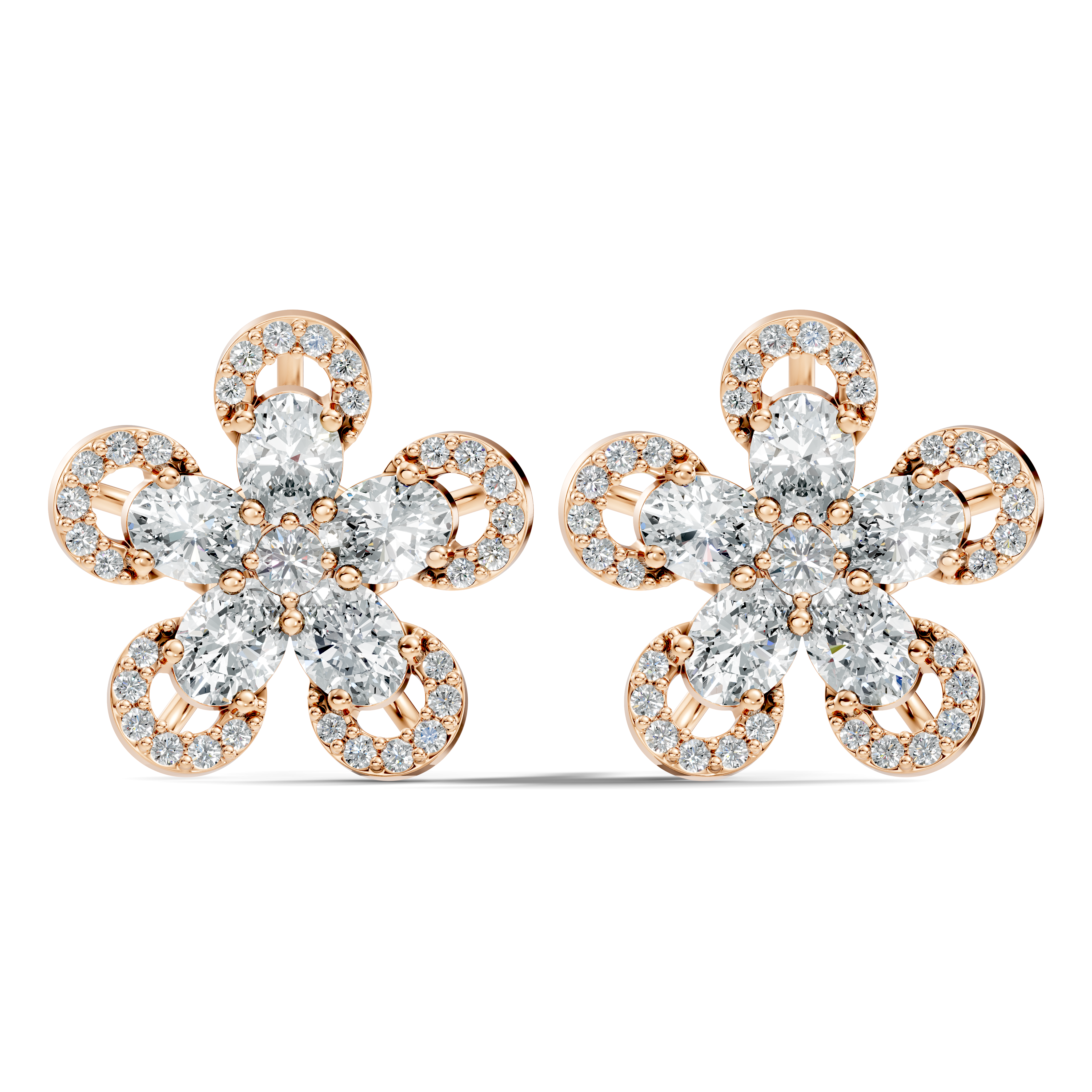 Oval & Round Diamond 5-Petal Openwork Flower Stud