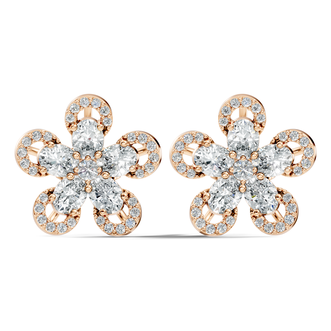 Oval & Round Diamond 5-Petal Openwork Flower Stud