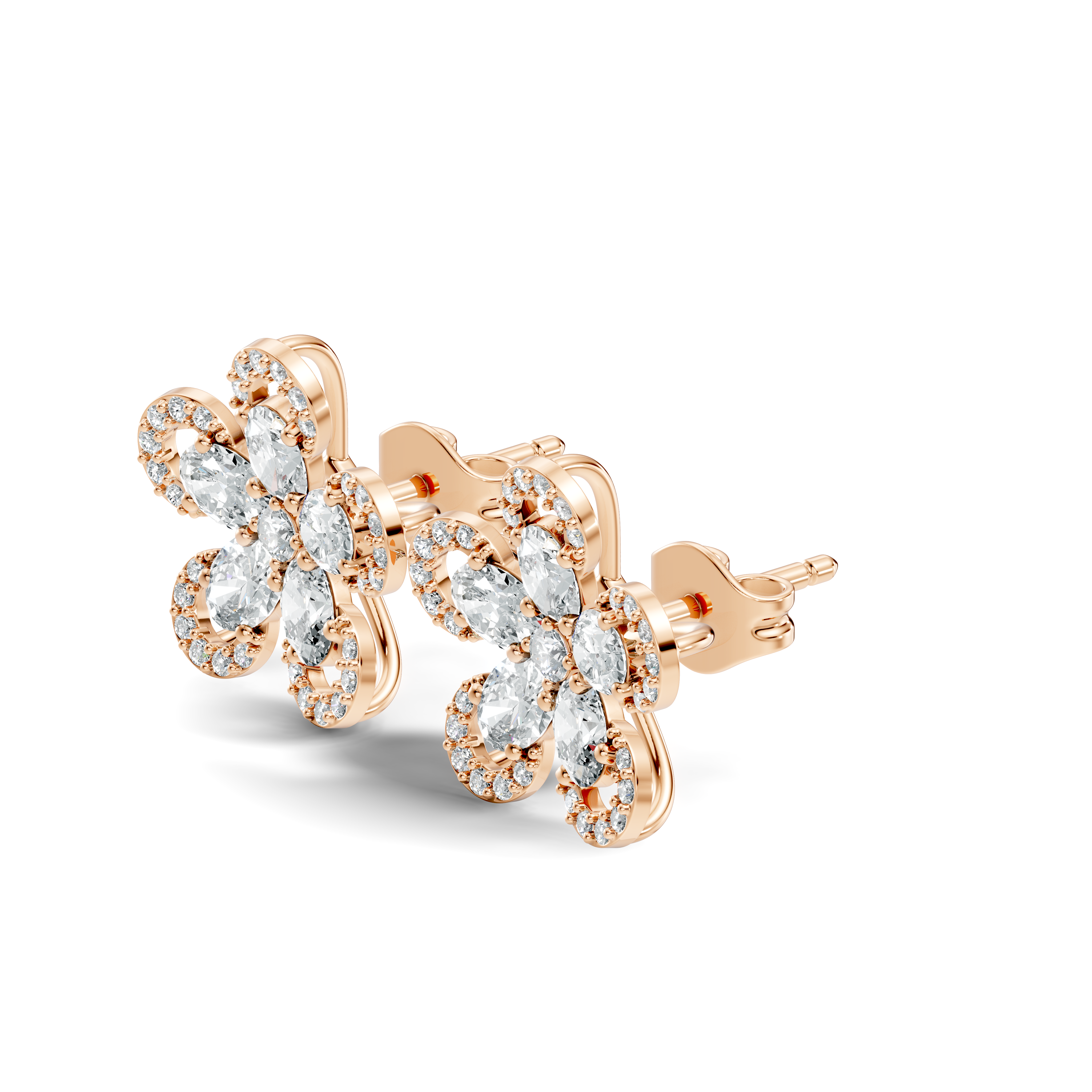 Oval & Round Diamond 5-Petal Openwork Flower Stud