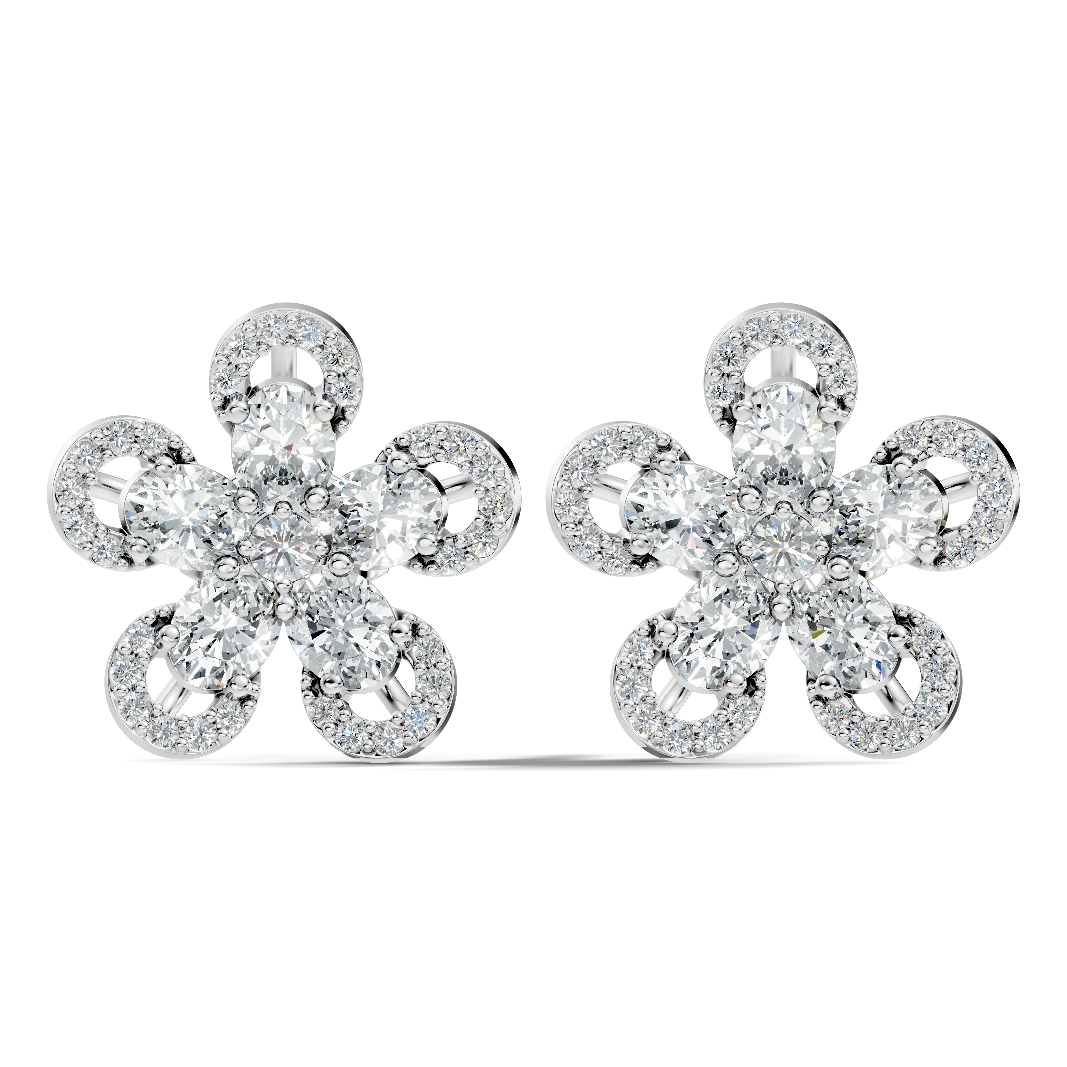 Oval & Round Diamond 5-Petal Openwork Flower Stud